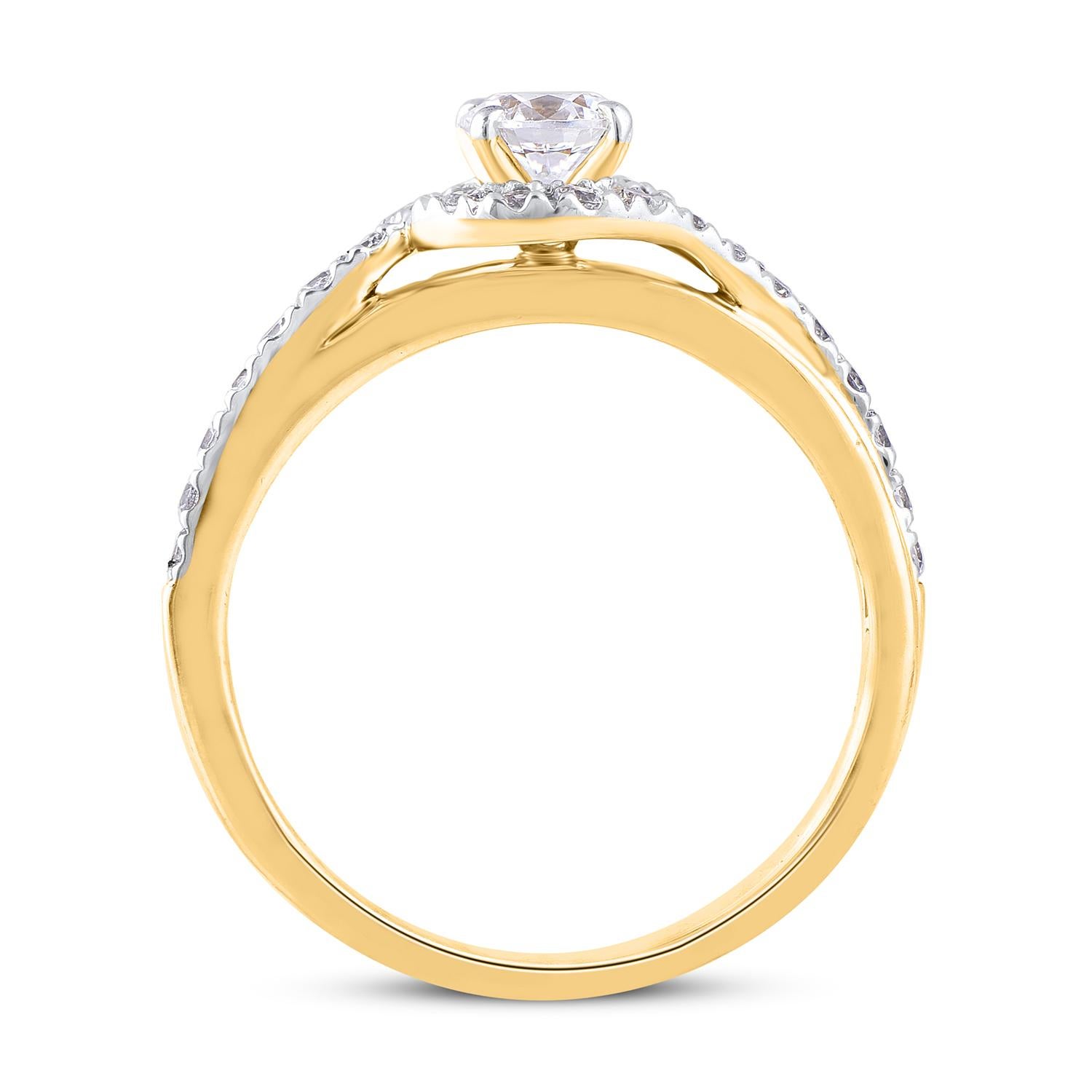 Round Cut TJD 0.75Ct Round Diamond 18Karat Yellow Gold Engagement Ring with Curvy Shank For Sale