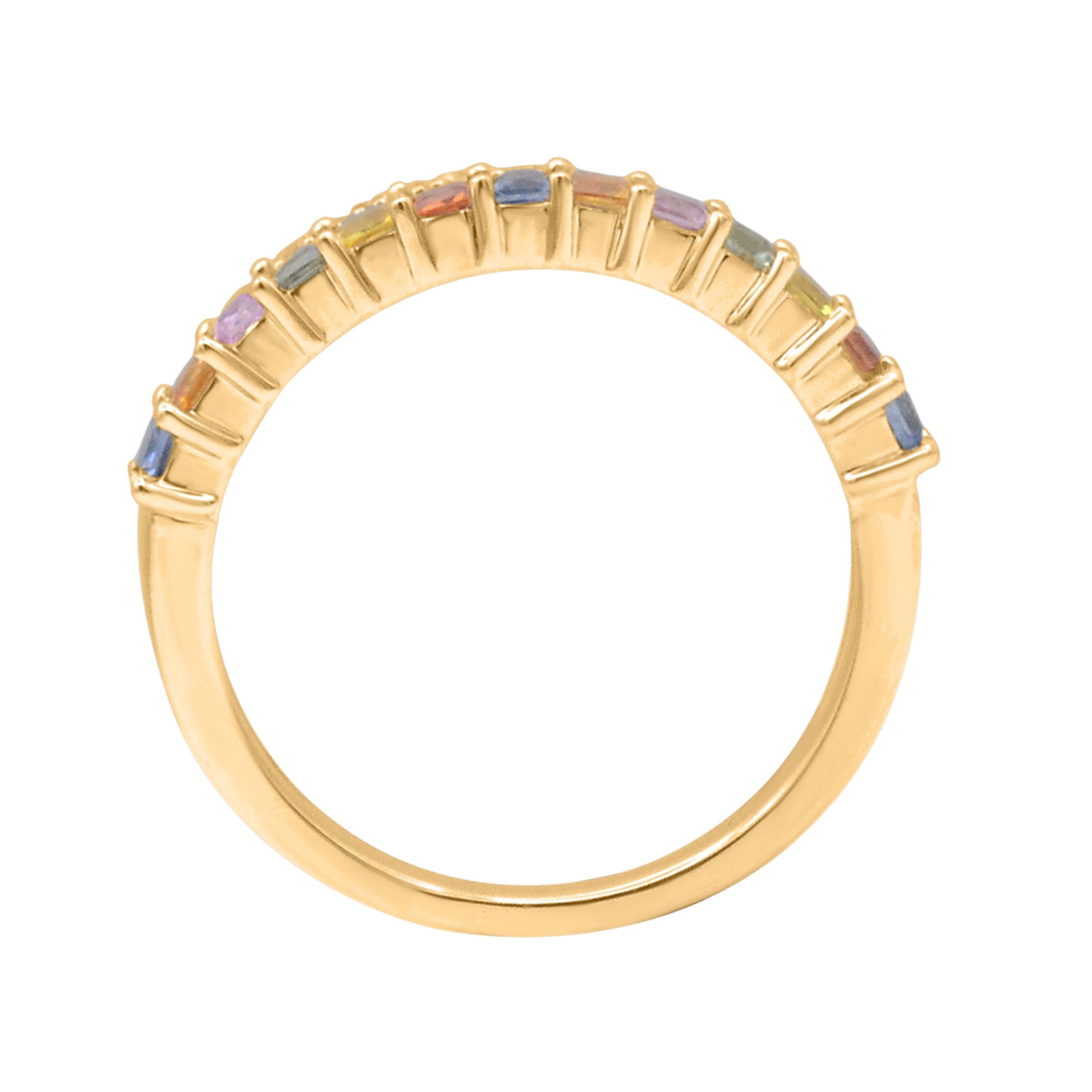 Add a little luck to your attire with this enchanting multi sapphire and diamond band ring. This ring features 0.15 carat of 17 brilliant cut round diamonds and 0.65 carat square 13 multi sapphire set in prong setting, shimmering with H-I color I-2
