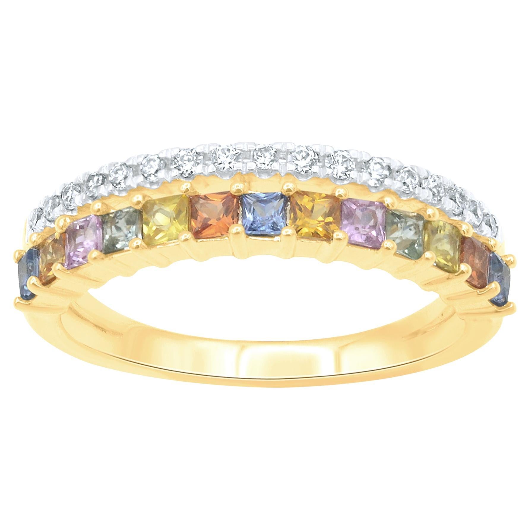 TJD 0.80 Carat Natural Multi Sapphire & Diamond 14Karat Gold Stackable Band Ring (Bague empilable en or 14Karat)