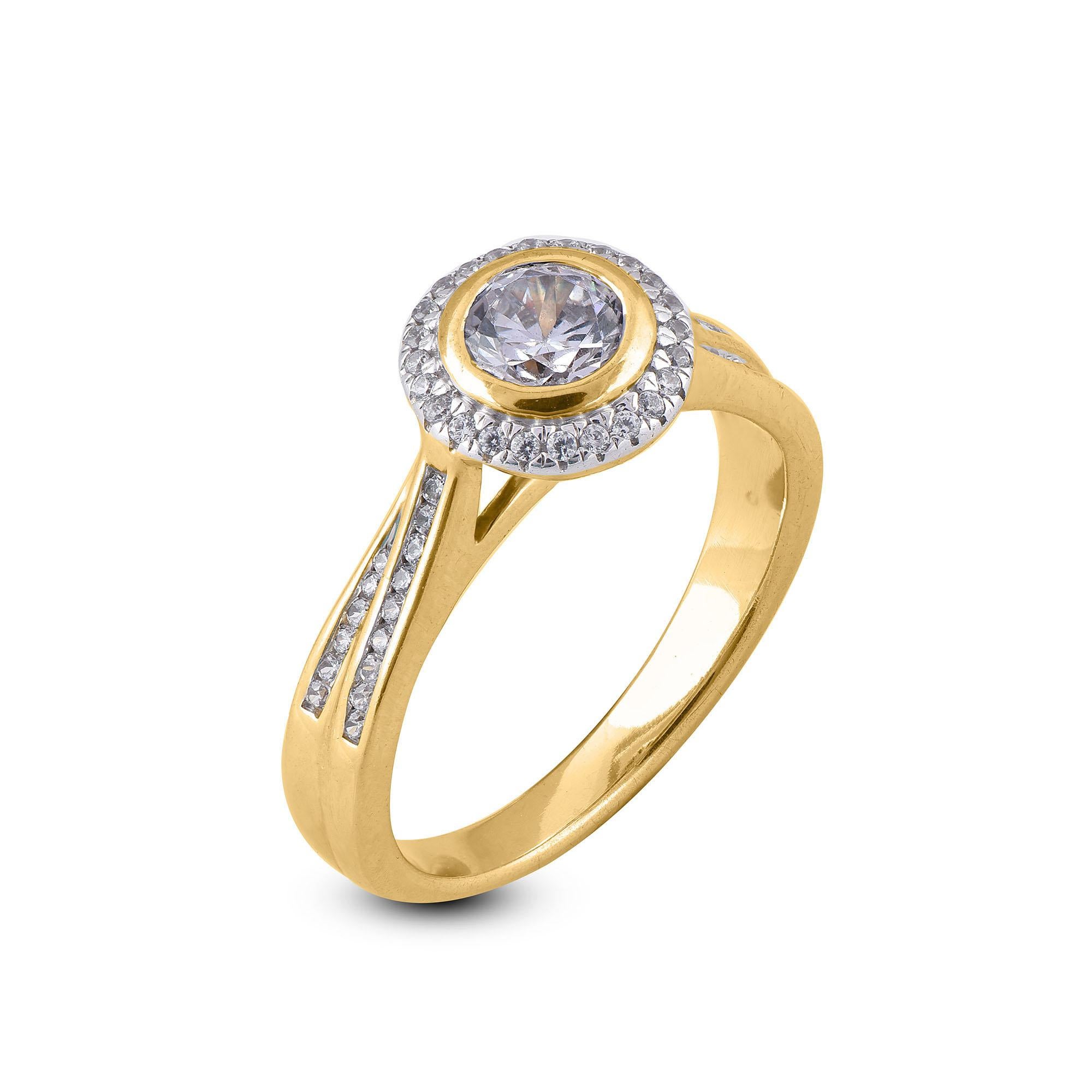 Exquisite 18 Karat Yellow gold ring featuring white diamonds. This ring is superbly detailed to perfection and set with 57 round cut sparkling diamond and set in secured prong, Bezel and channel setting.  The diamonds are natural, not-treated and