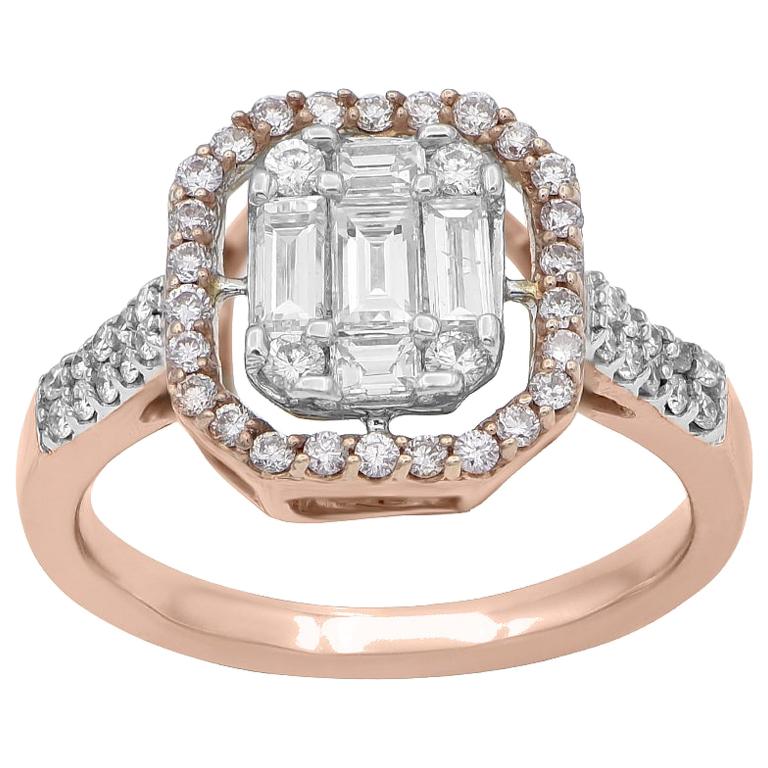 TJD 0.81 Carat White/Pink Round and Baguette Diamond 18KRose Gold Pink Halo Ring For Sale