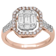 TJD 0,81 Karat Weiß/Rosa Rund und Baguette Diamant 18KRose Gold Rosa Halo Ring