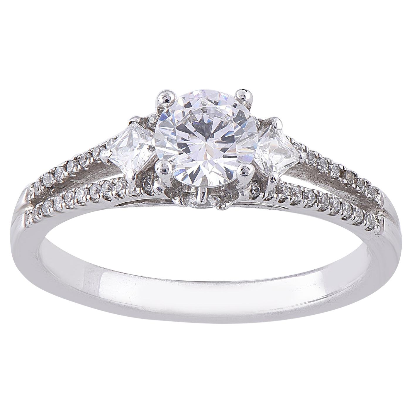 TJD 0.83 Ct 18 Karat white Gold 3 Stone Split Shank Engagement Ring For Sale