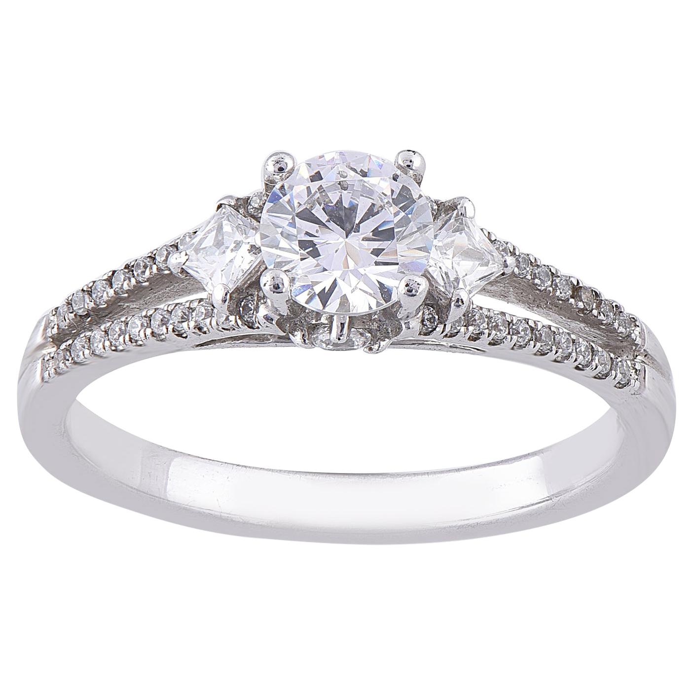 TJD 0.83 Ct 18 Karat white Gold 3 Stone Split Shank Engagement Ring