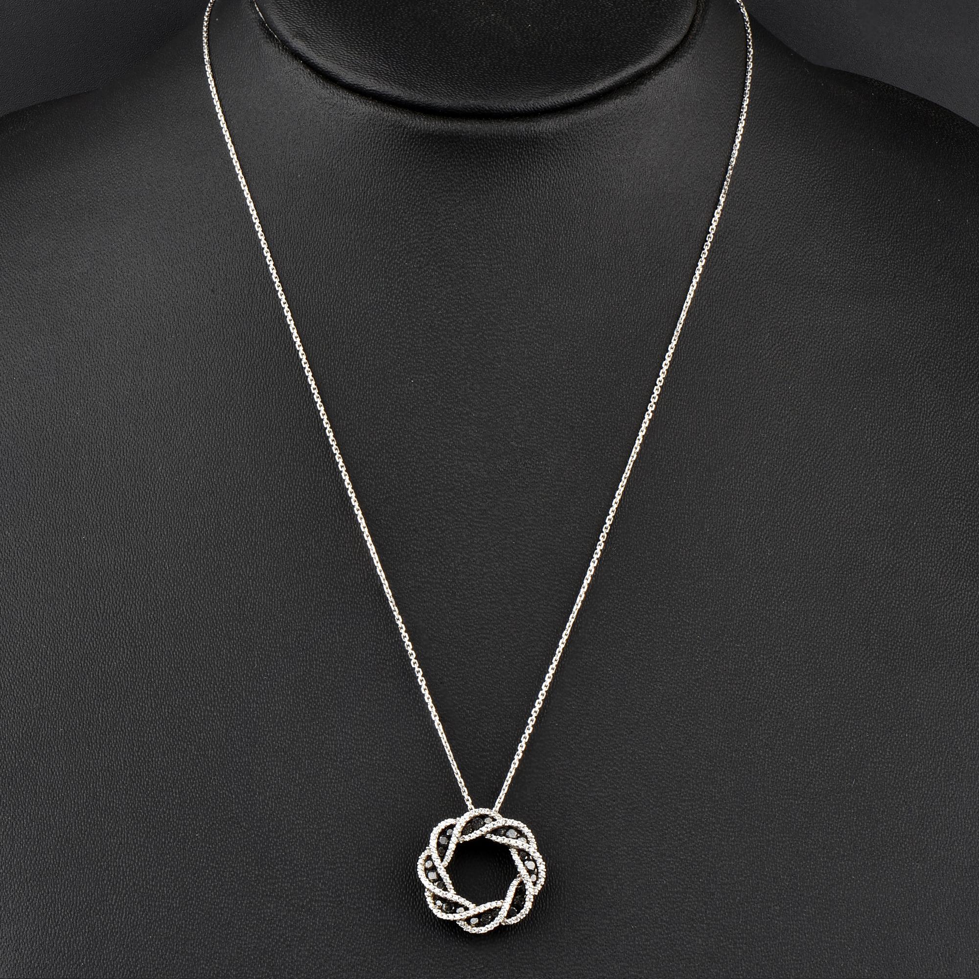 Round Cut TJD 0.85 Carat Black and White Diamond 14K White Gold Infinity Circle Pendant For Sale