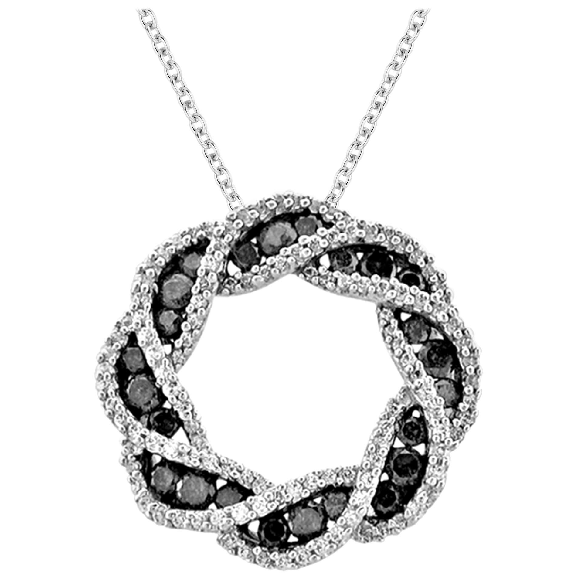 TJD Pendentif circulaire en or blanc 14 carats avec diamants noirs et blancs de 0,85 carat