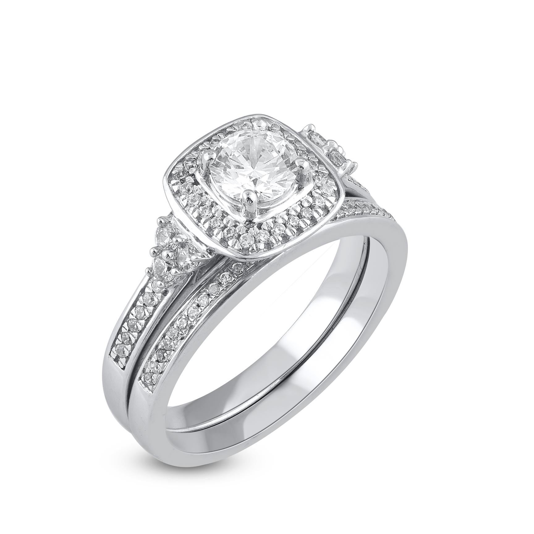 Make lifelong memories with this diamond cushion-frame bridal set. Crafted in 14 Karat white gold. This wedding ring features a sparkling 72 single cut and brilliant cut round diamonds beautifully set in pave & prong setting. The total diamond