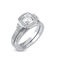 TJD 0.85 Carat Natural Round Diamond 14KT White Gold Cushion Frame Bridal Set