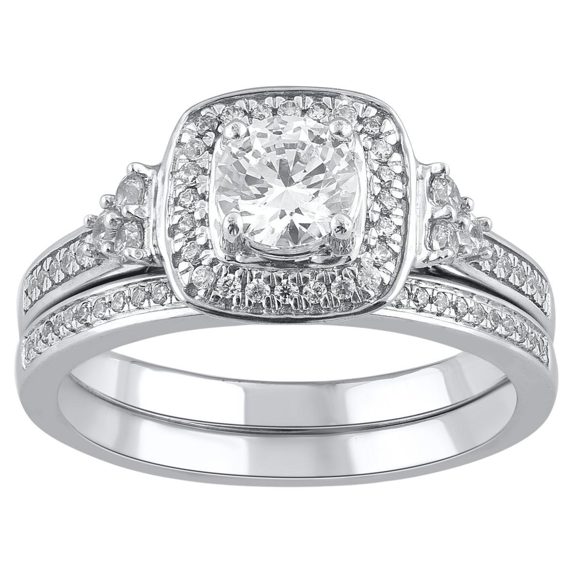 TJD 0.85 Quilates Diamante Redondo Natural 14KT Oro Blanco Marco Cojín Conjunto Nupcial