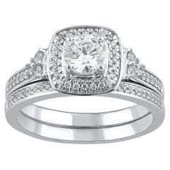 TJD 0.85 Carat Natural Round Diamond 14KT White Gold Cushion Frame Bridal Set