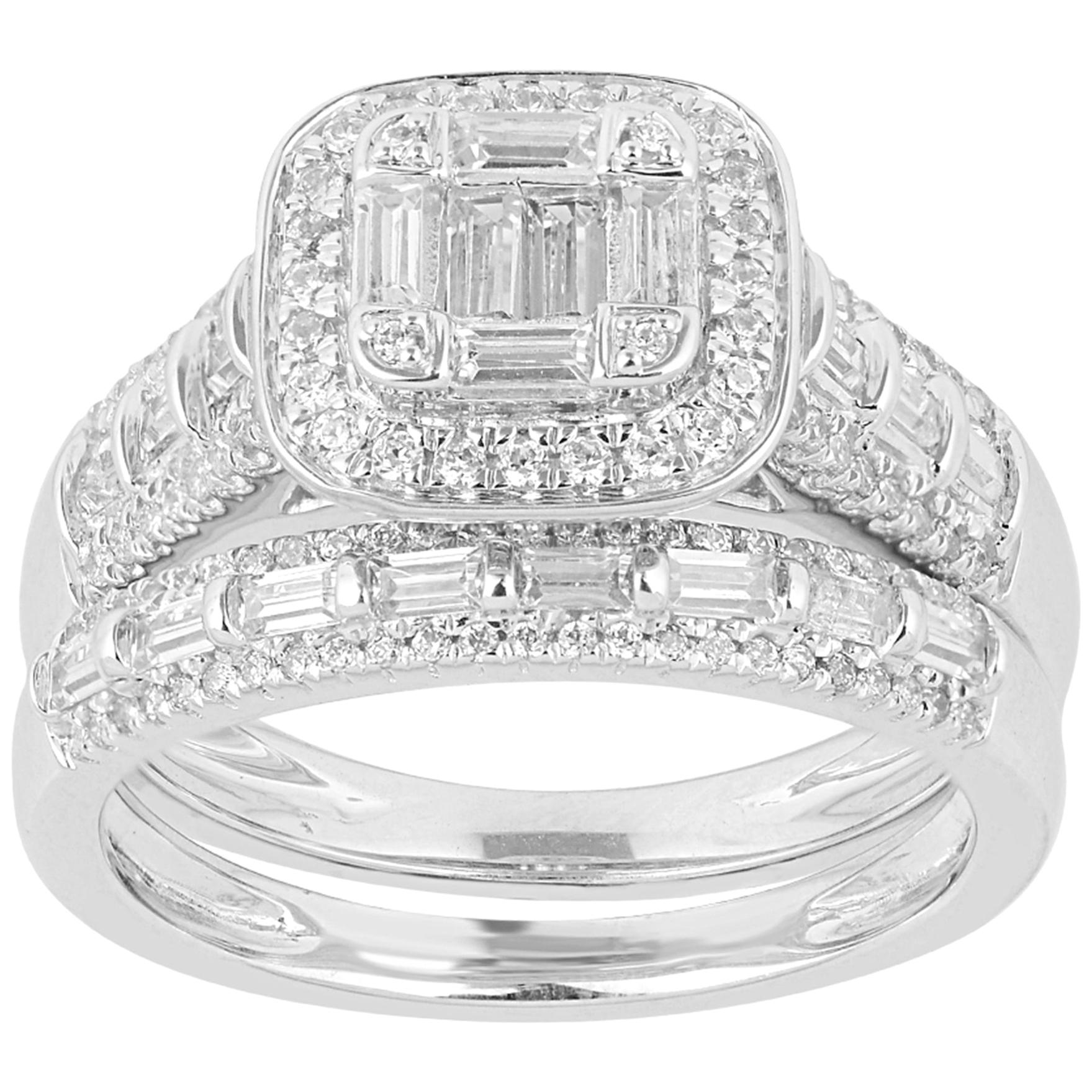 TJD 0.85 Carat Round
Baguette Diamond 14K White Gold Cushion Shape Bridal Set