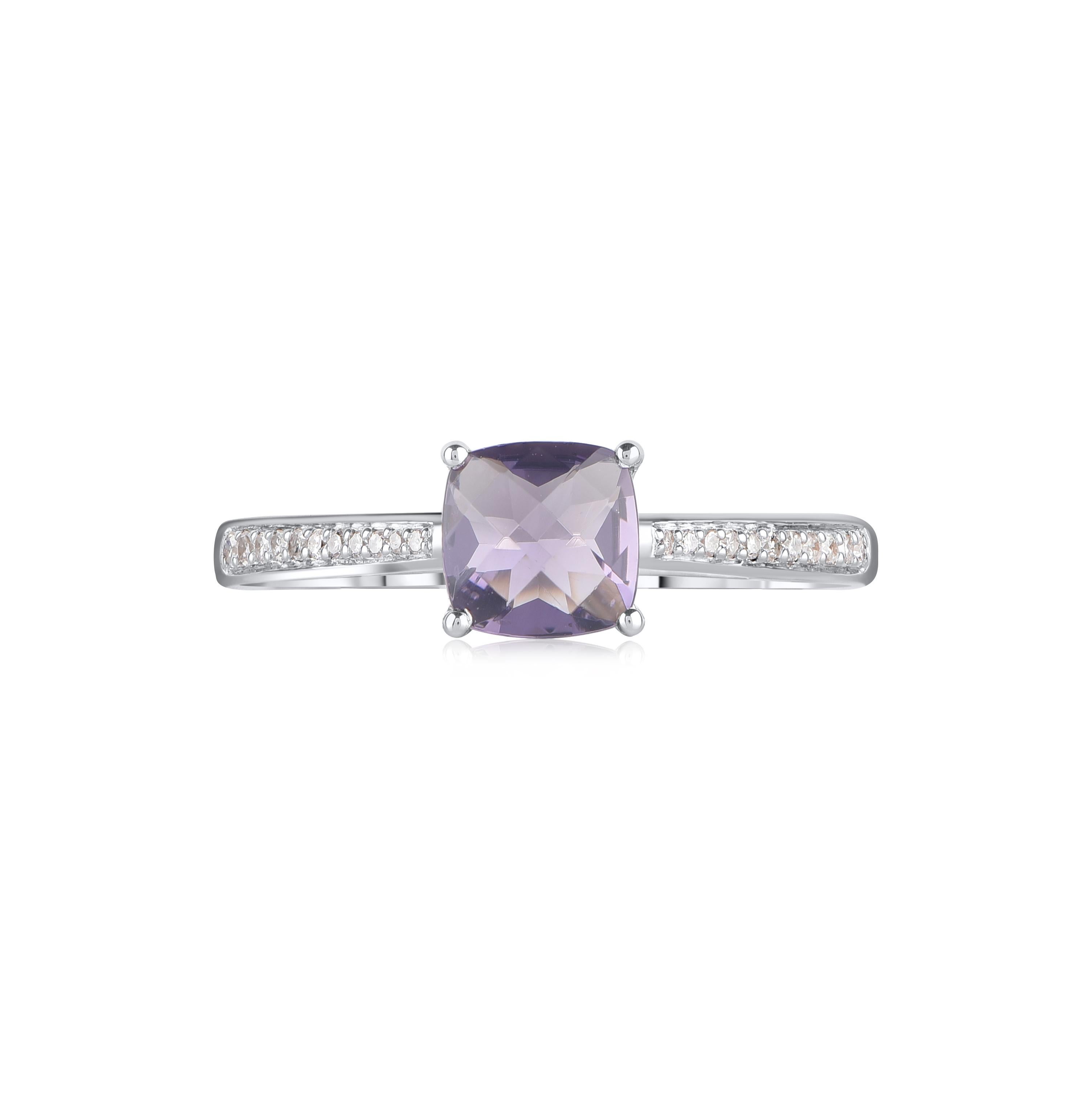 Bring charm to your look with this cushion cut amethyst classic and modern ring. Beautifully crafted by our inhouse experts in 14 karat white gold and embellished with 22 single cut round white diamond and 1 cushion shape amethyst set in pave &