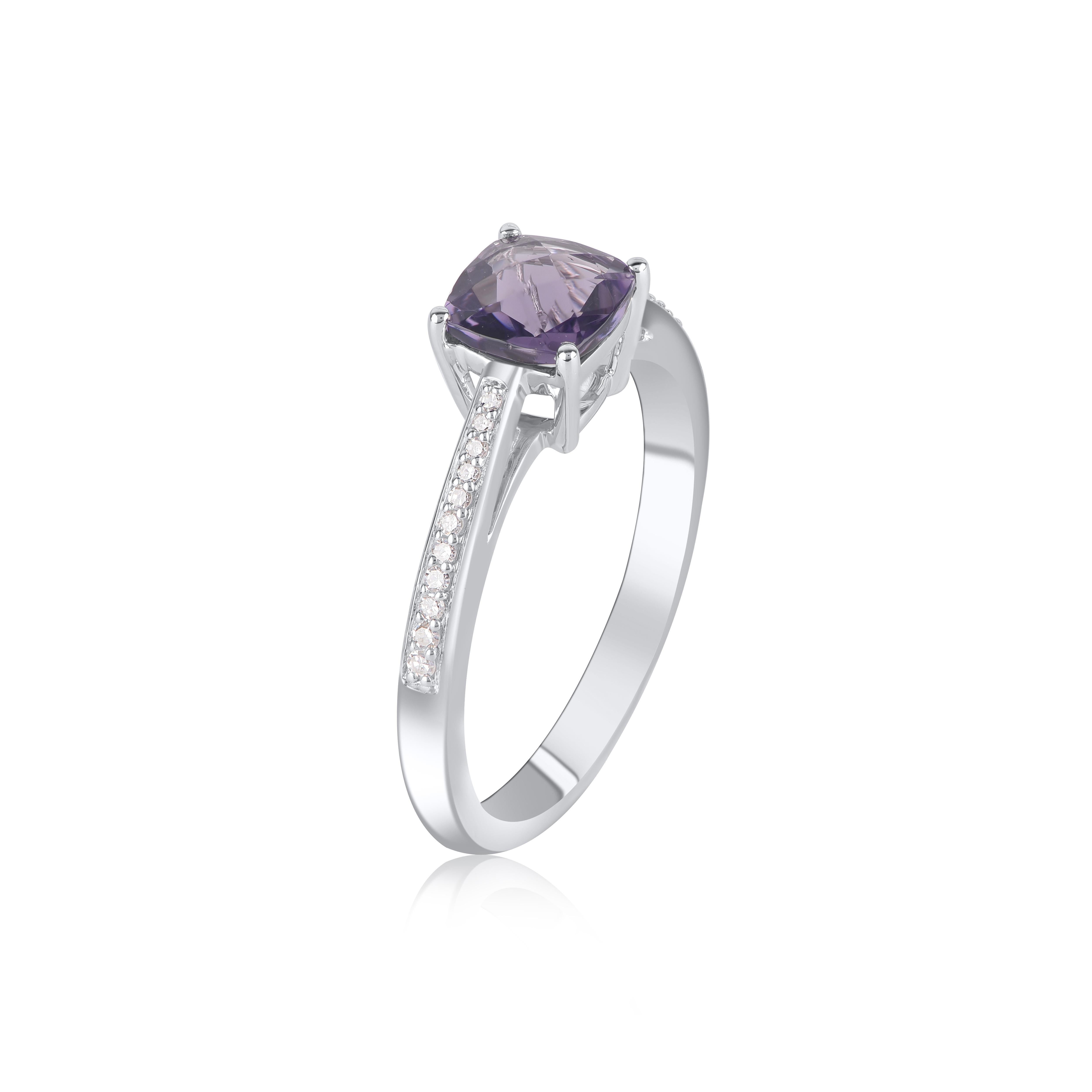 TJD Anillo solitario de oro blanco de 14 quilates con amatista redonda y talla cojín de 0,85 quilates Contemporáneo en venta