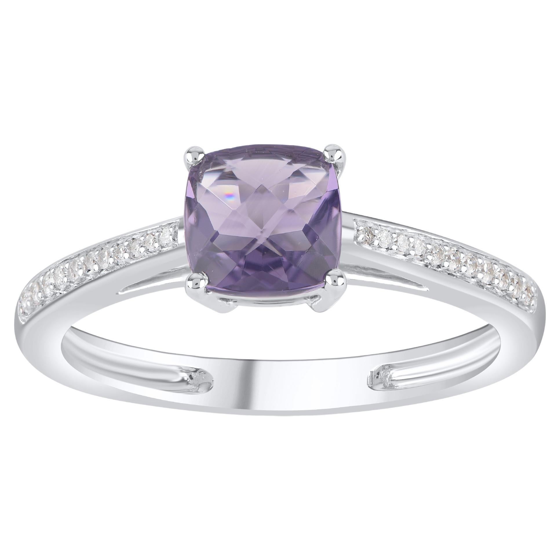 TJD 0.85 Carat Round & Cushion Cut Amethyst 14 Karat White Gold Solitaire Ring For Sale