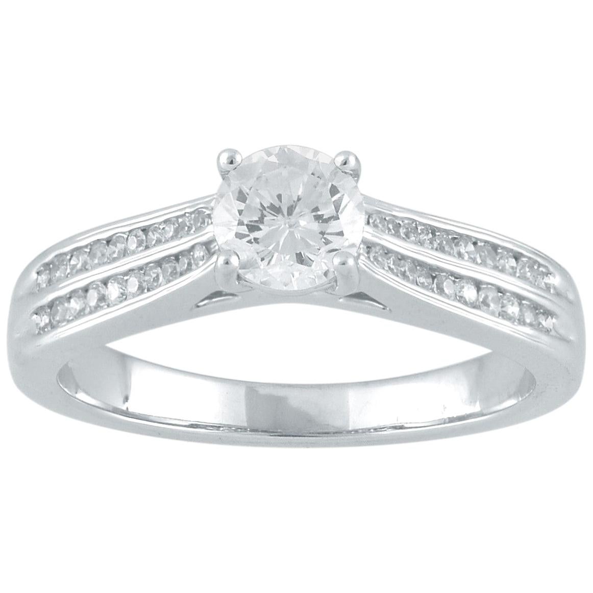 TJD Anillo de compromiso con diamante redondo de 0,85 quilates y engastado en canal de oro blanco de 18 quilates en venta