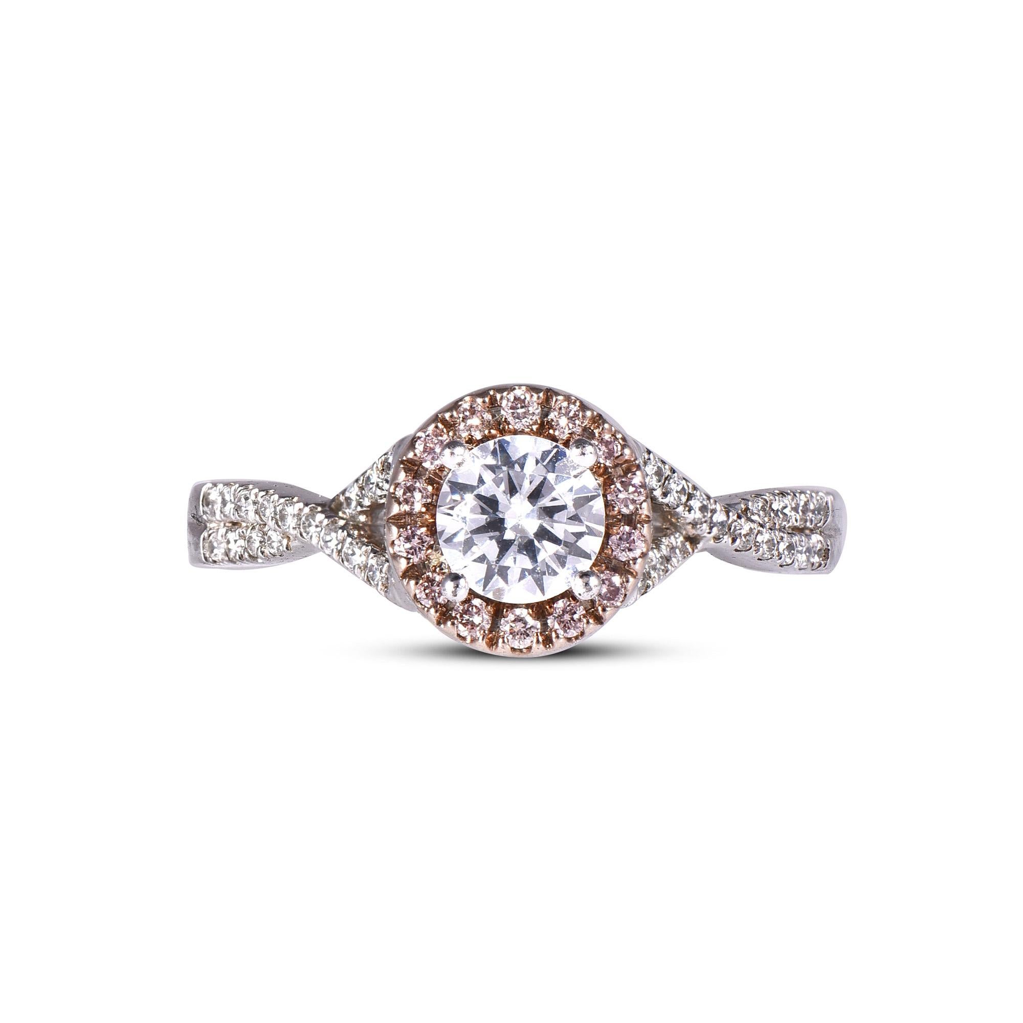 Round Cut TJD 0.86Carat Nat. Pink Rosé & White Diamond 18K White Gold Halo Engagement Ring For Sale