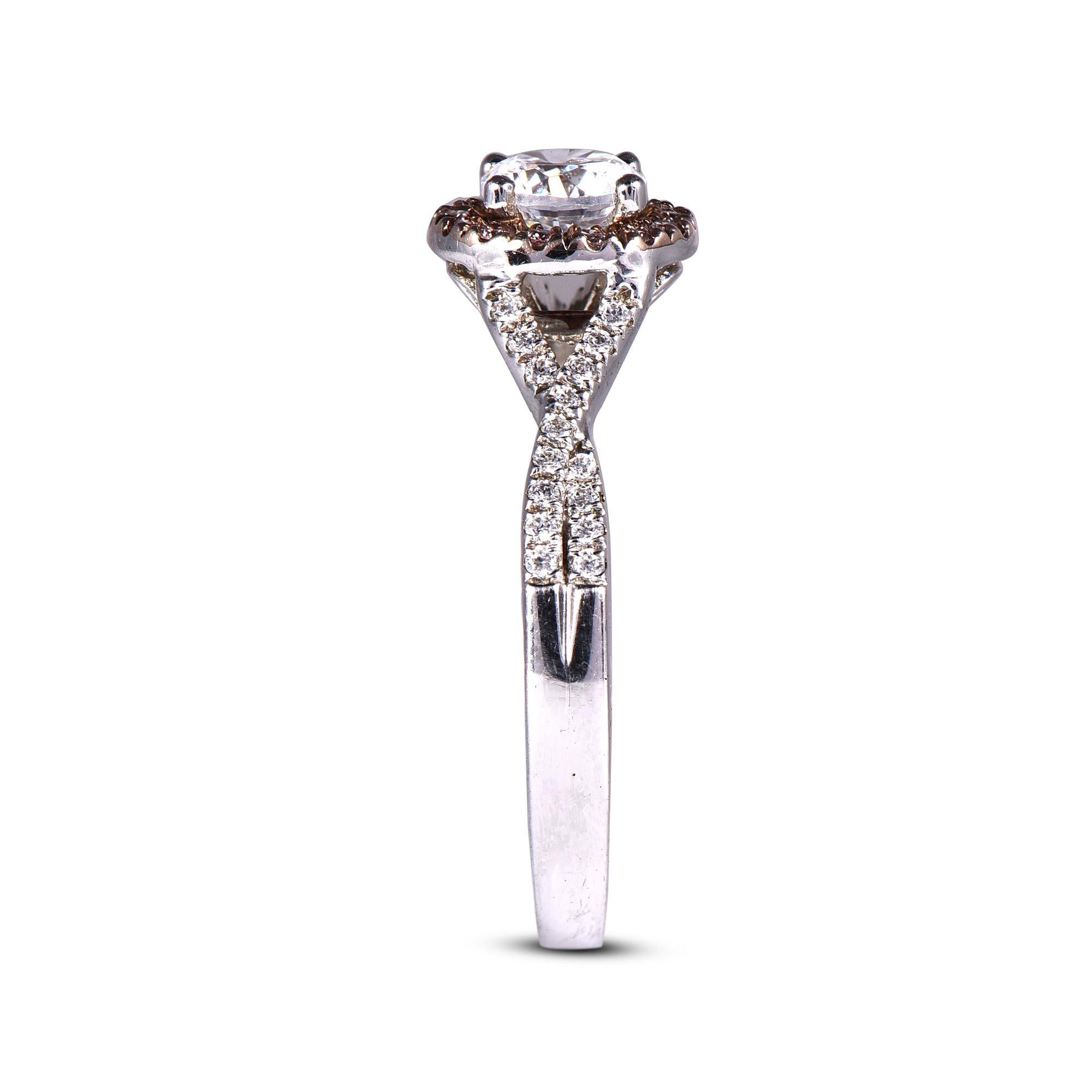 Women's TJD 0.86Carat Nat. Pink Rosé & White Diamond 18K White Gold Halo Engagement Ring For Sale