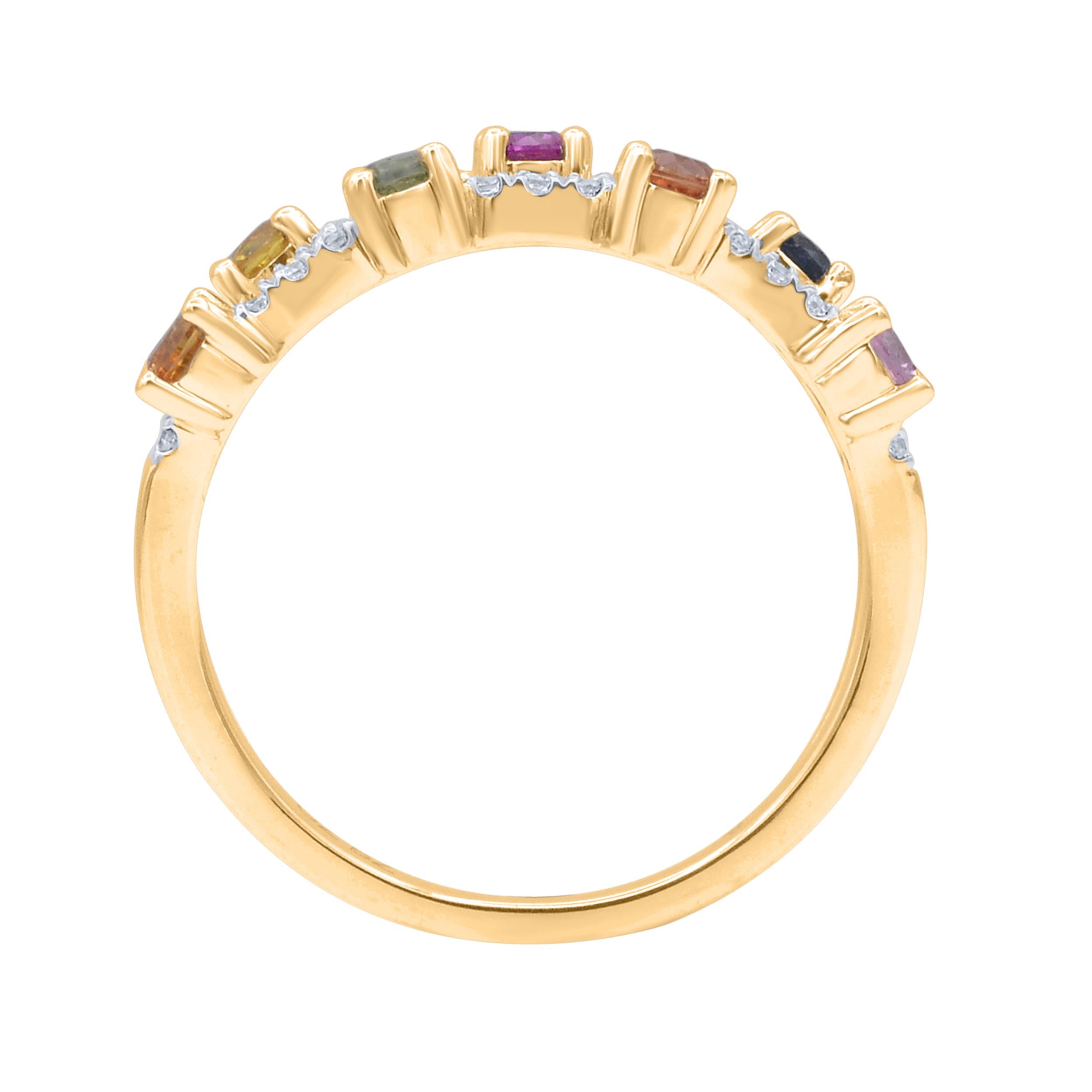 Contemporary TJD 0.90 Carat Natural Multi Sapphire, Ruby & Diamond 14 Karat Gold Band Ring For Sale