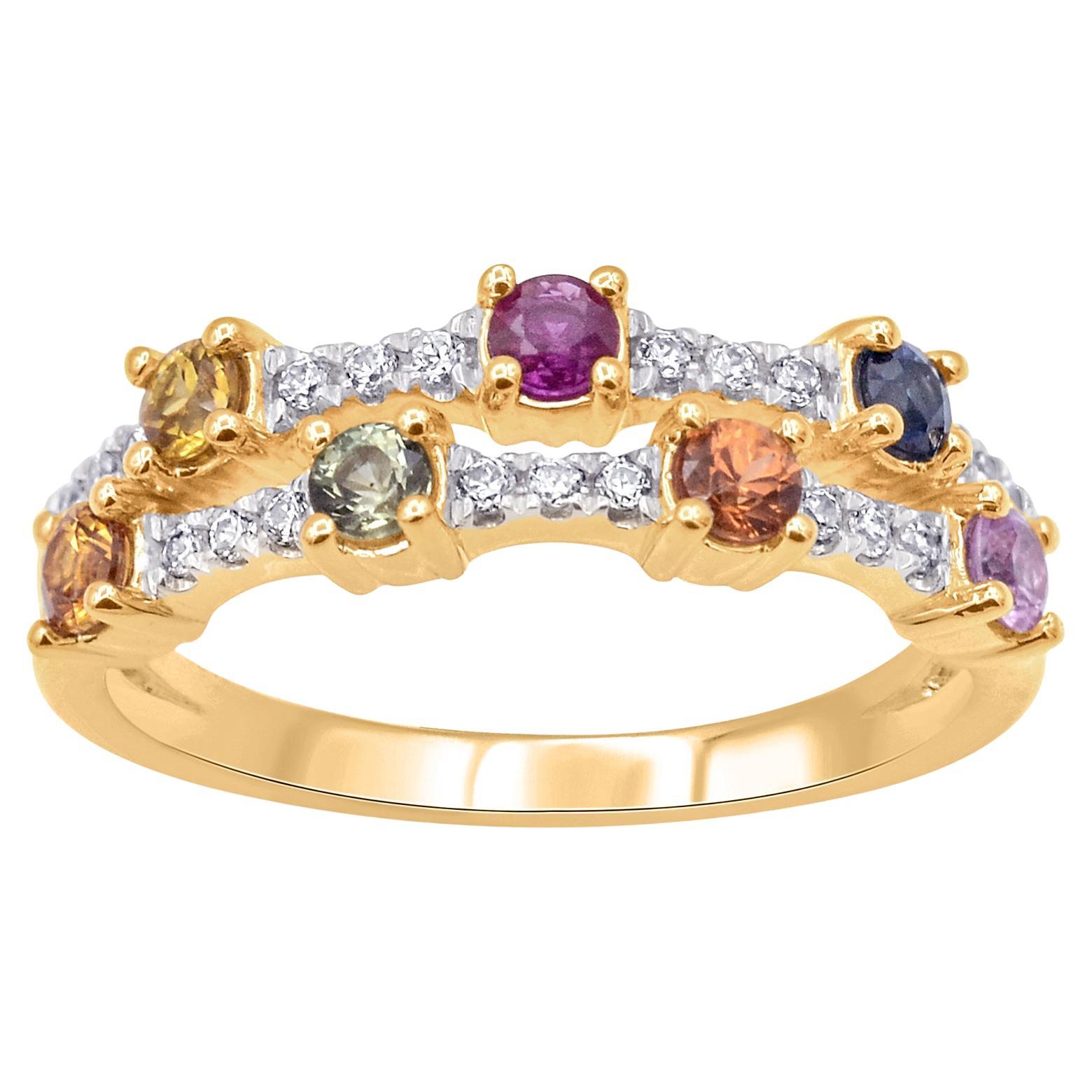 TJD 0.90 Carat Natural Multi Sapphire, Ruby & Diamond 14 Karat Gold Band Ring For Sale