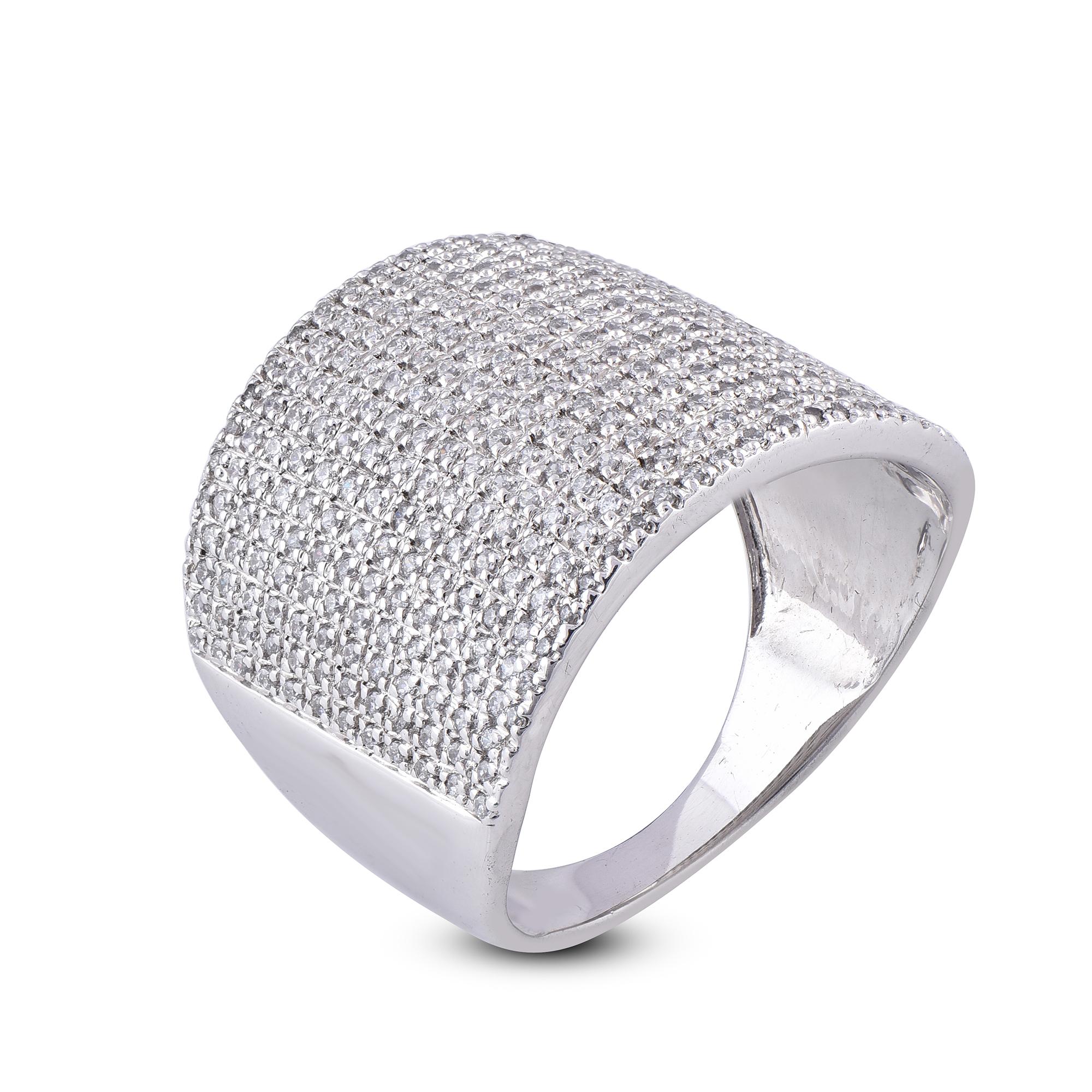 Stunning and classic, this diamond ring is beautifully crafted in 14 Kt White gold. The wide band is lined with rows of sparkling 310 round brilliant diamonds in secured prong settings. the diamonds are natural, not-treated and conflict-free with