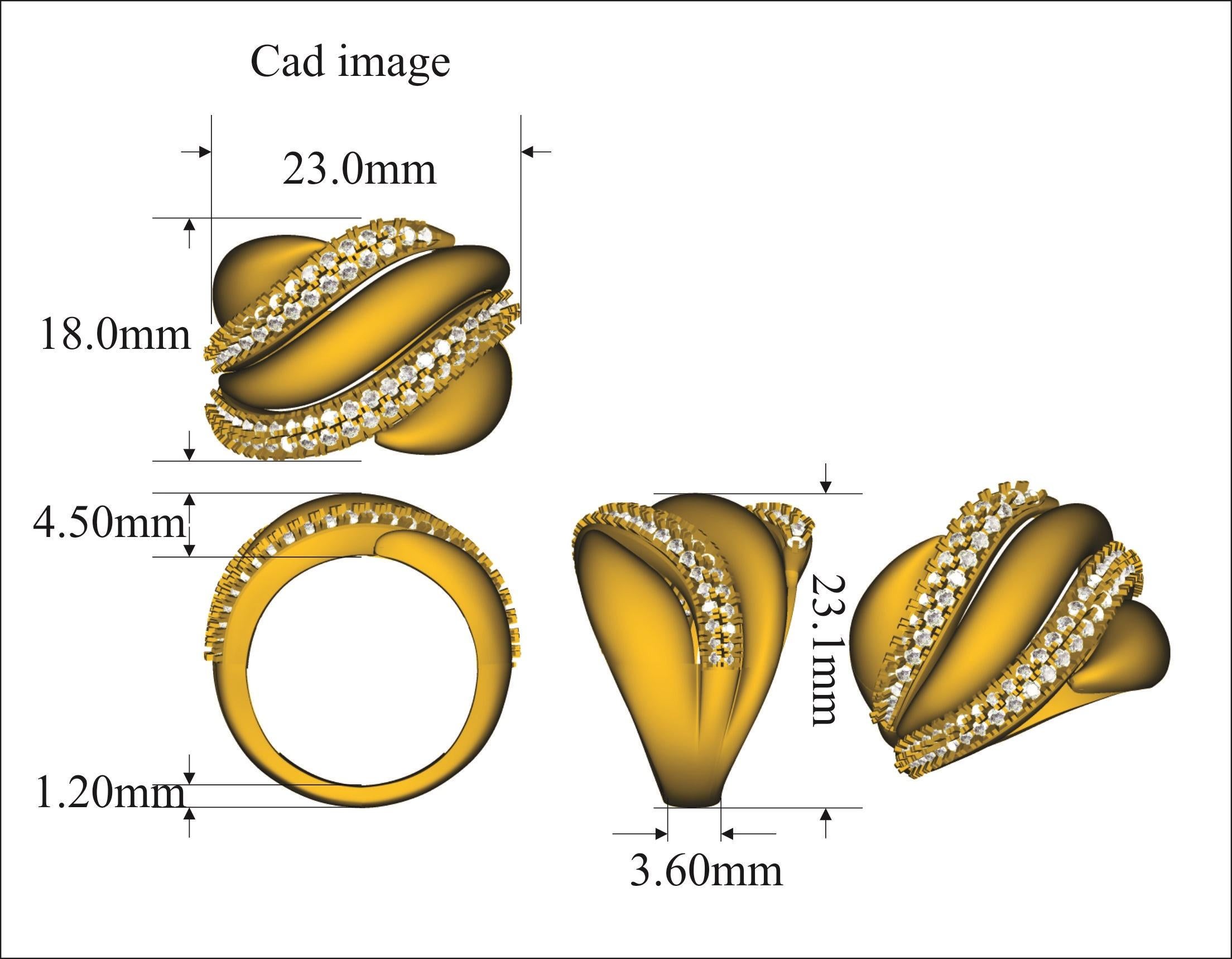 This wave engagement Ring is expertly crafted in 14 Karat Yellow Gold and features 0.96 ct of 80 round diamond set in microprong settings. The diamonds are natural, not-treated and conflict-free with H-I color and I2 clarity. This ring has high