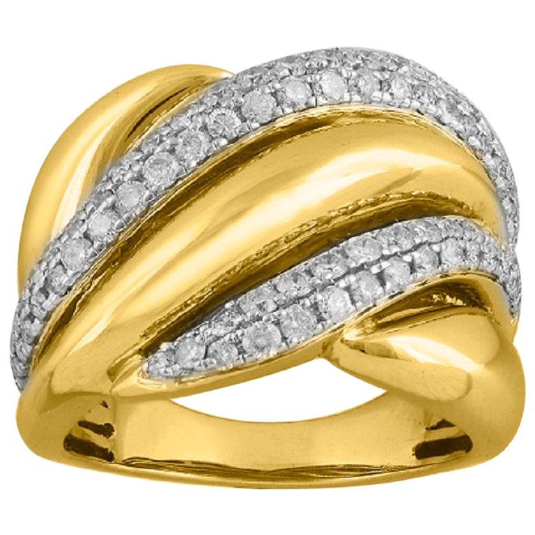 TJD 0.96carat Round Diamond 14k Yellow Gold Wave Style Fashion Wedding Band Ring For Sale