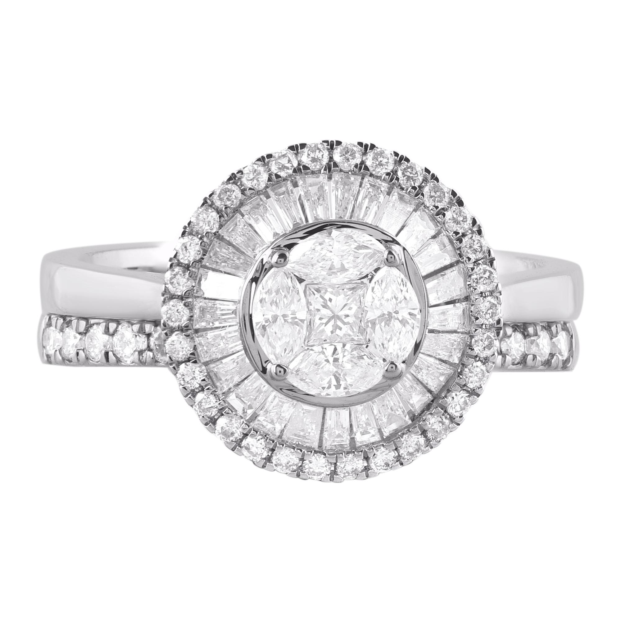 Expresa tu amor con este clásico y deslumbrante conjunto nupcial de diamantes. Fabricada en oro blanco de 14 quilates. Esta alianza tiene 74 brillantes diamantes de talla princesa, marquesa, baguette y brillante bellamente engastados en garras y