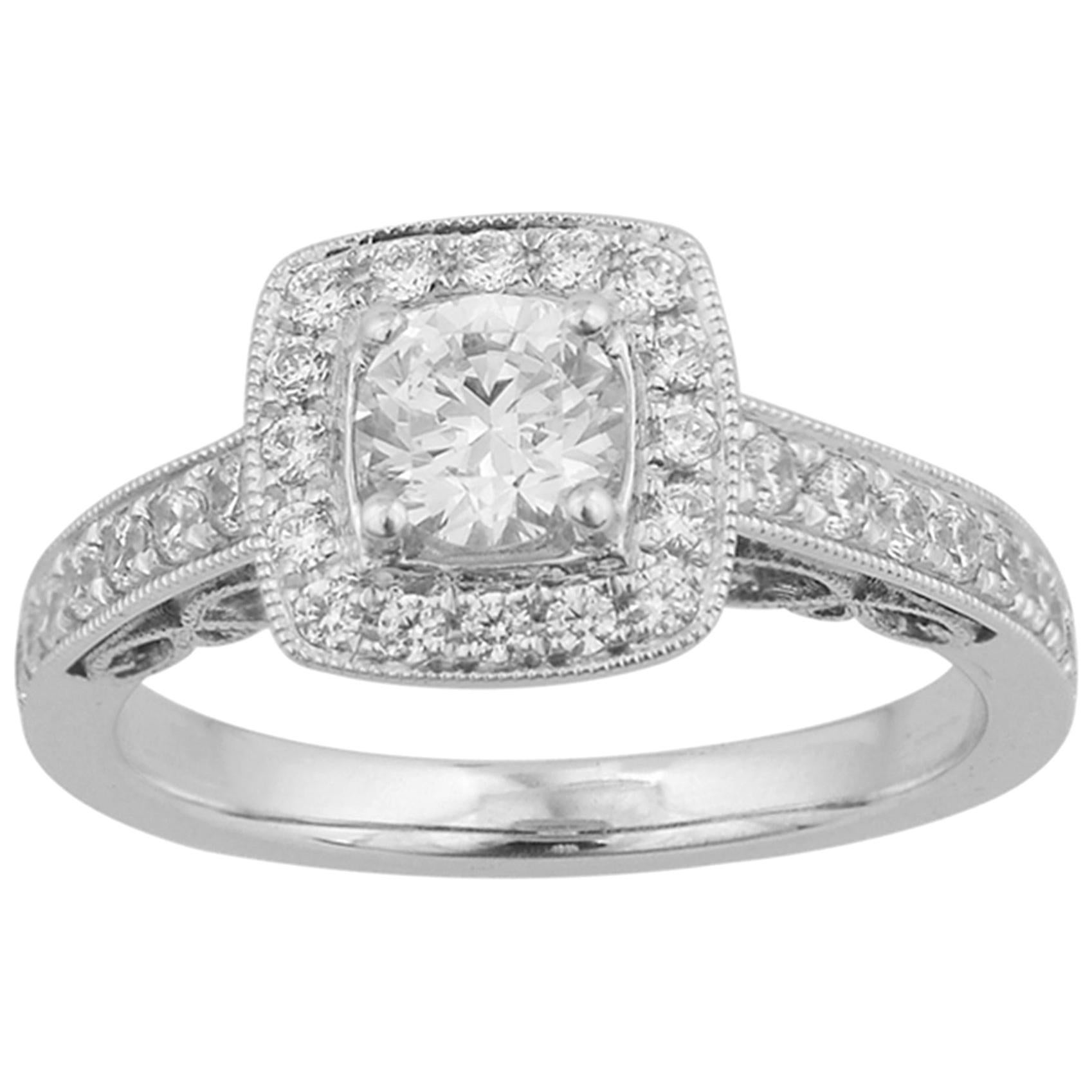 TJD 1.00 Carat Round Diamond 18 Karat White Gold Art Deco Style Square Ring For Sale