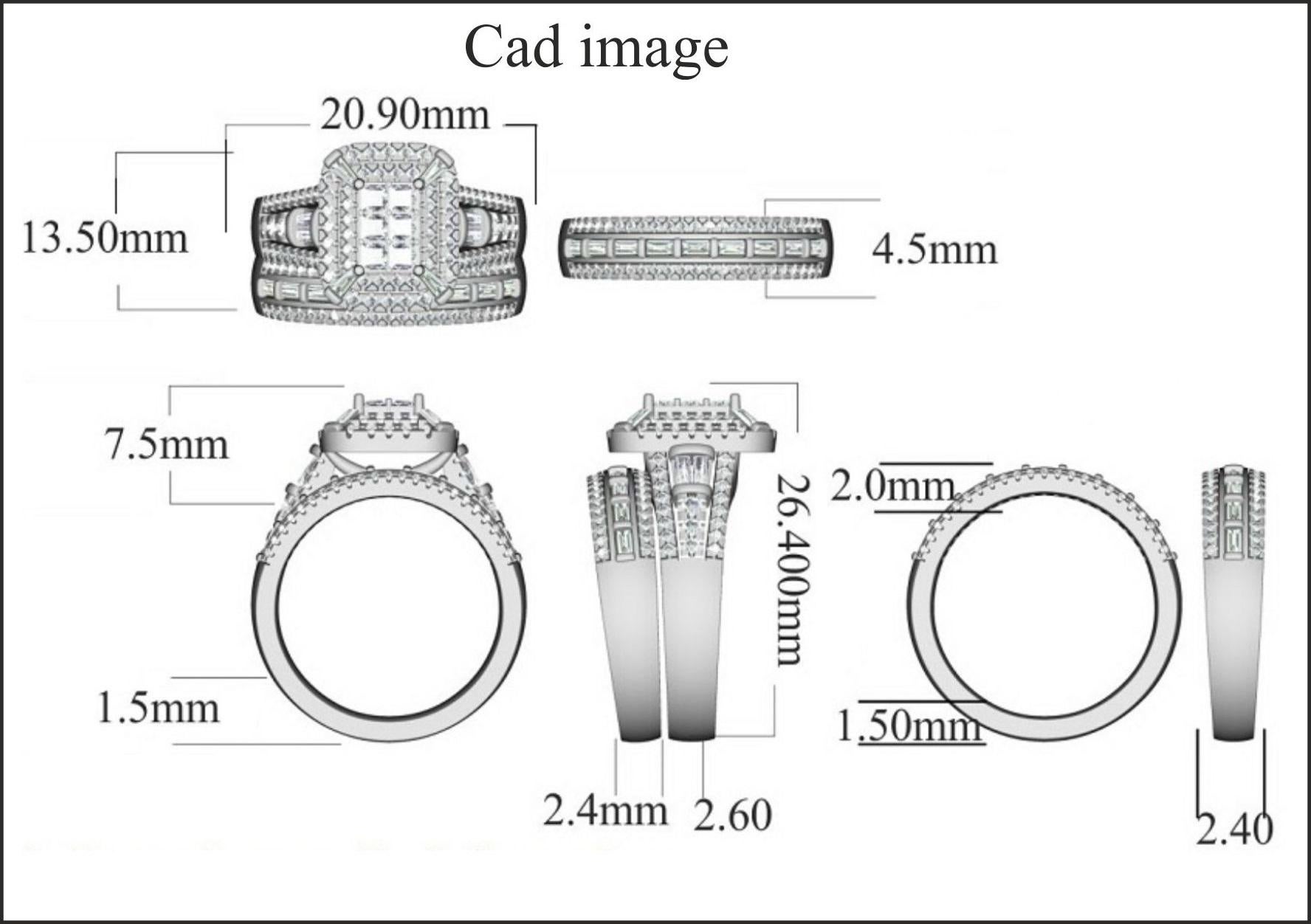 Exquisite 14K white gold 1.50 carat diamonds frame bridal set ring. Expertly Crafted of sparkling 14 karat solid white gold in high polish finish and set with 128 sparkling round, 17 baguette and 6 princess-cut white diamond set in micro prong,