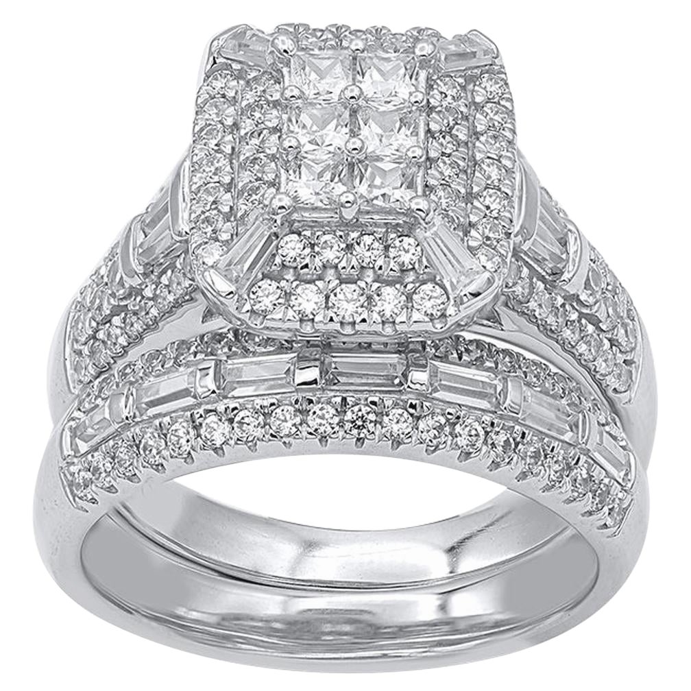 TJD Juego de novia de oro blanco de 14 quilates con diamantes redondos, baguette y talla princesa de 1 1/2 quilates