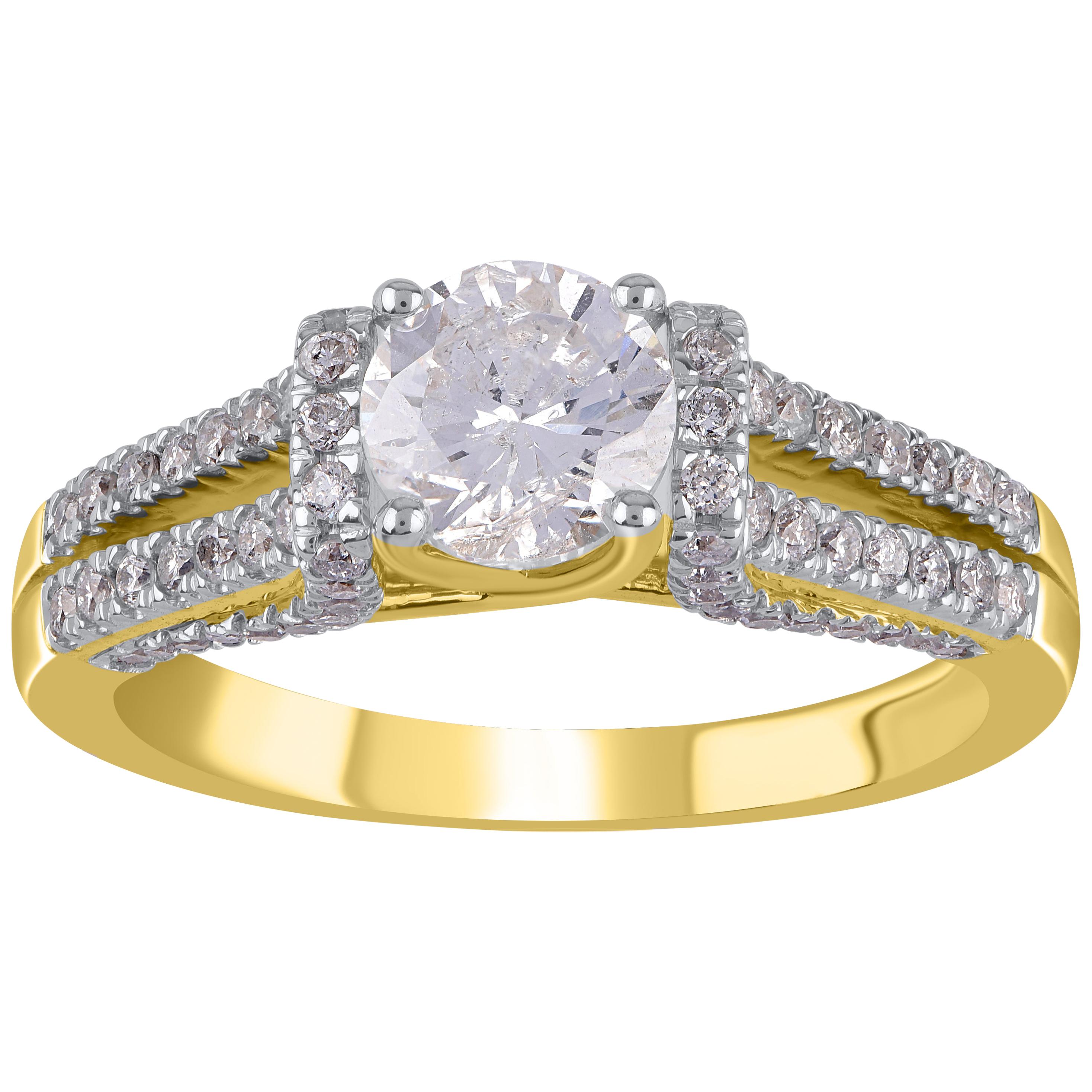 TJD 1 1/2 CT Round Diamond Split Shank Classic Engagement Ring 18KT Yellow Gold en vente