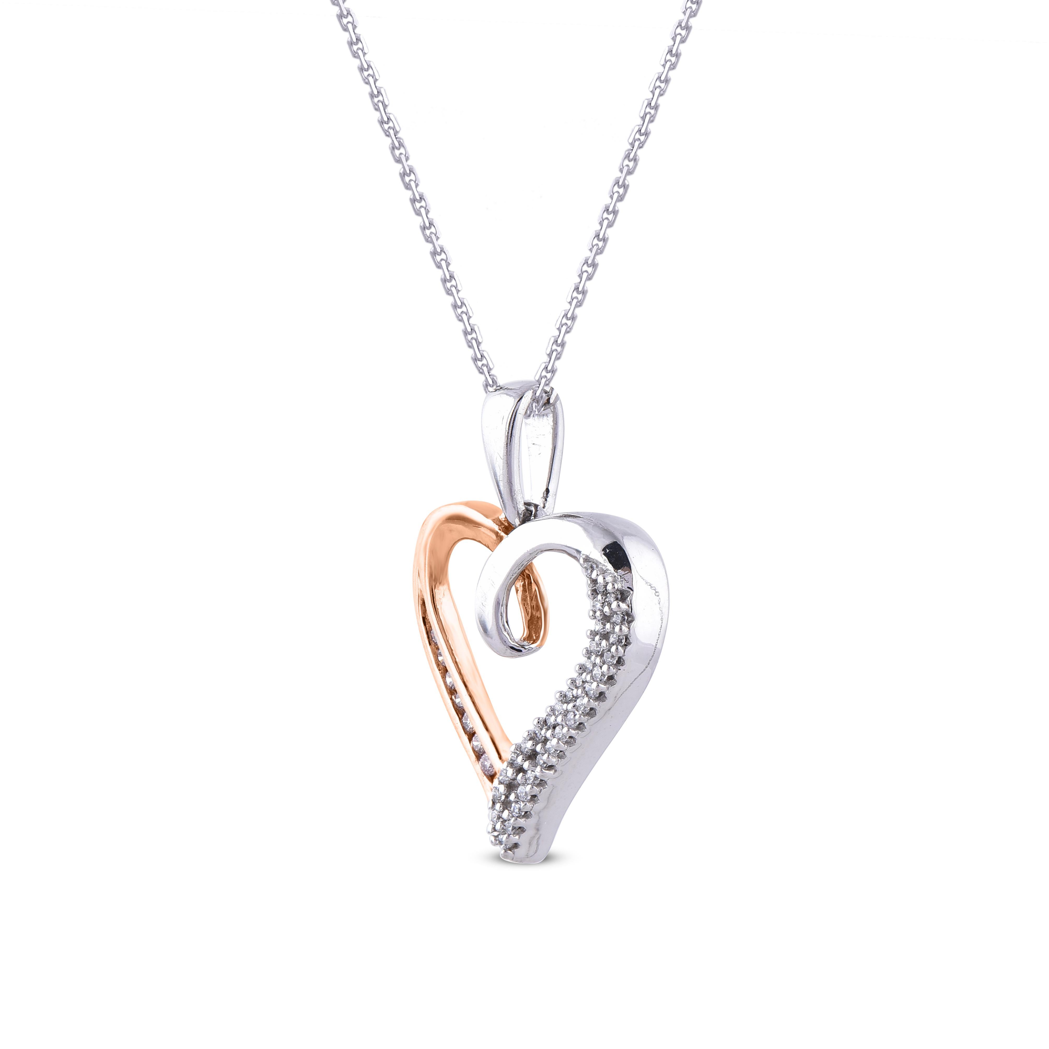 This pendant dazzles with a 32 round and 9 pink diamonds set in channel and prong setting, this 18K white gold heart pendant is a lovely way to take her by surprise. The diamonds are natural, not-treated and conflict-free with H-I color and I1