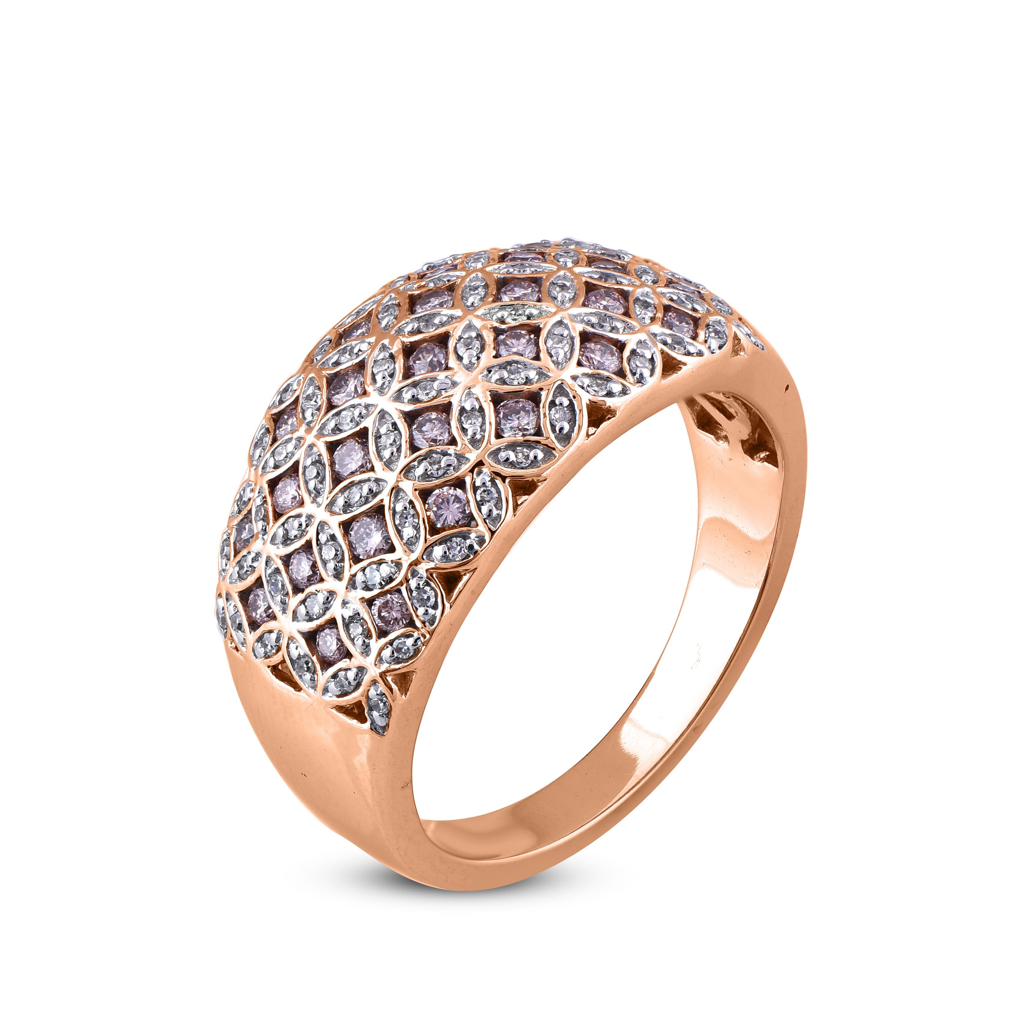 This Round Diamond Floral Wedding band in 18K rose gold showcases 0.50 carats of sparkling 72 round and 27 pink diamonds embedded with pave and channel setting, Shine in H-I color I1 clarity. Featuring a fabulous floral design and a highly polished