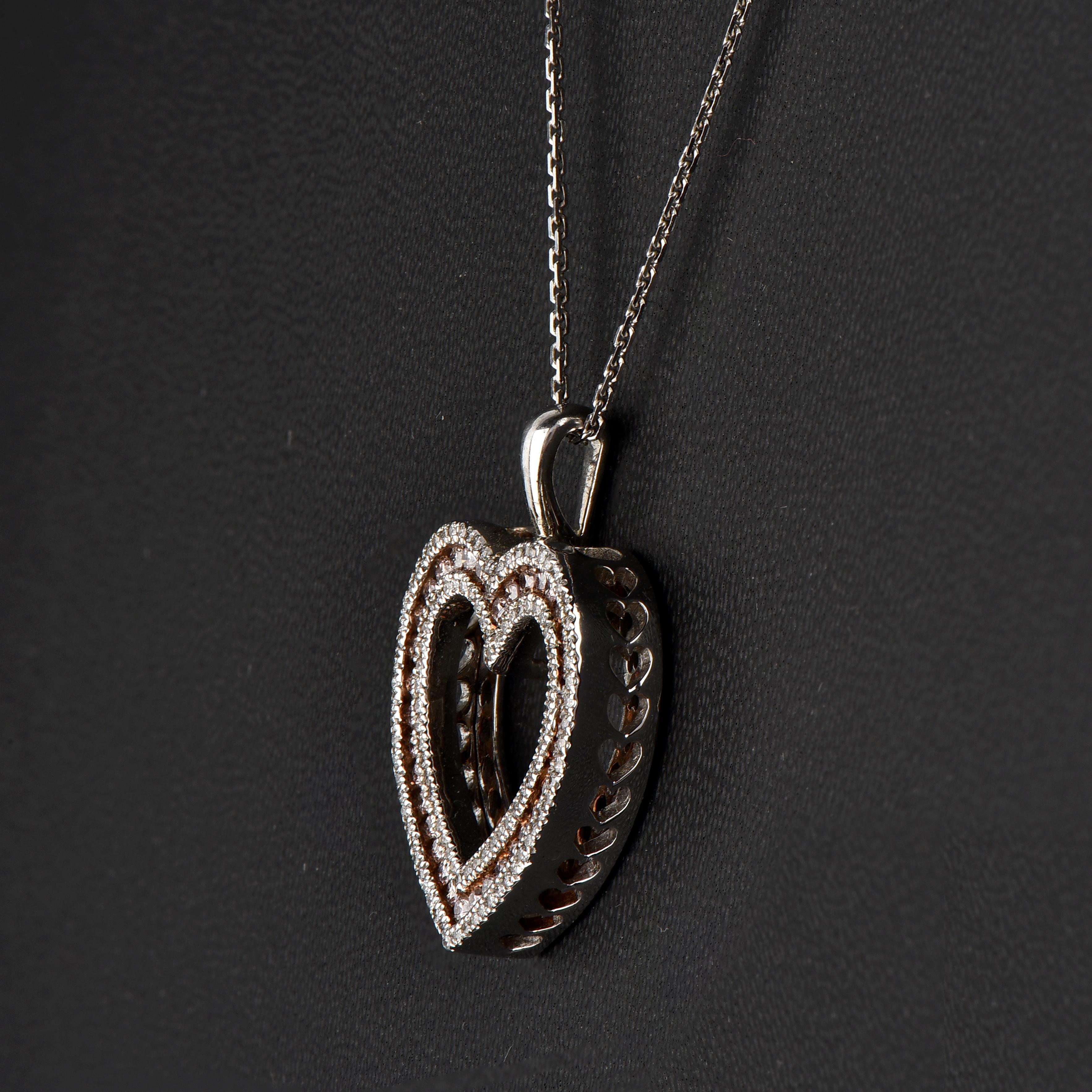 Art Deco TJD 1/2 Carat Nat. Pink Rosé & White Diamond 18K White Gold Double Heart Pendant For Sale