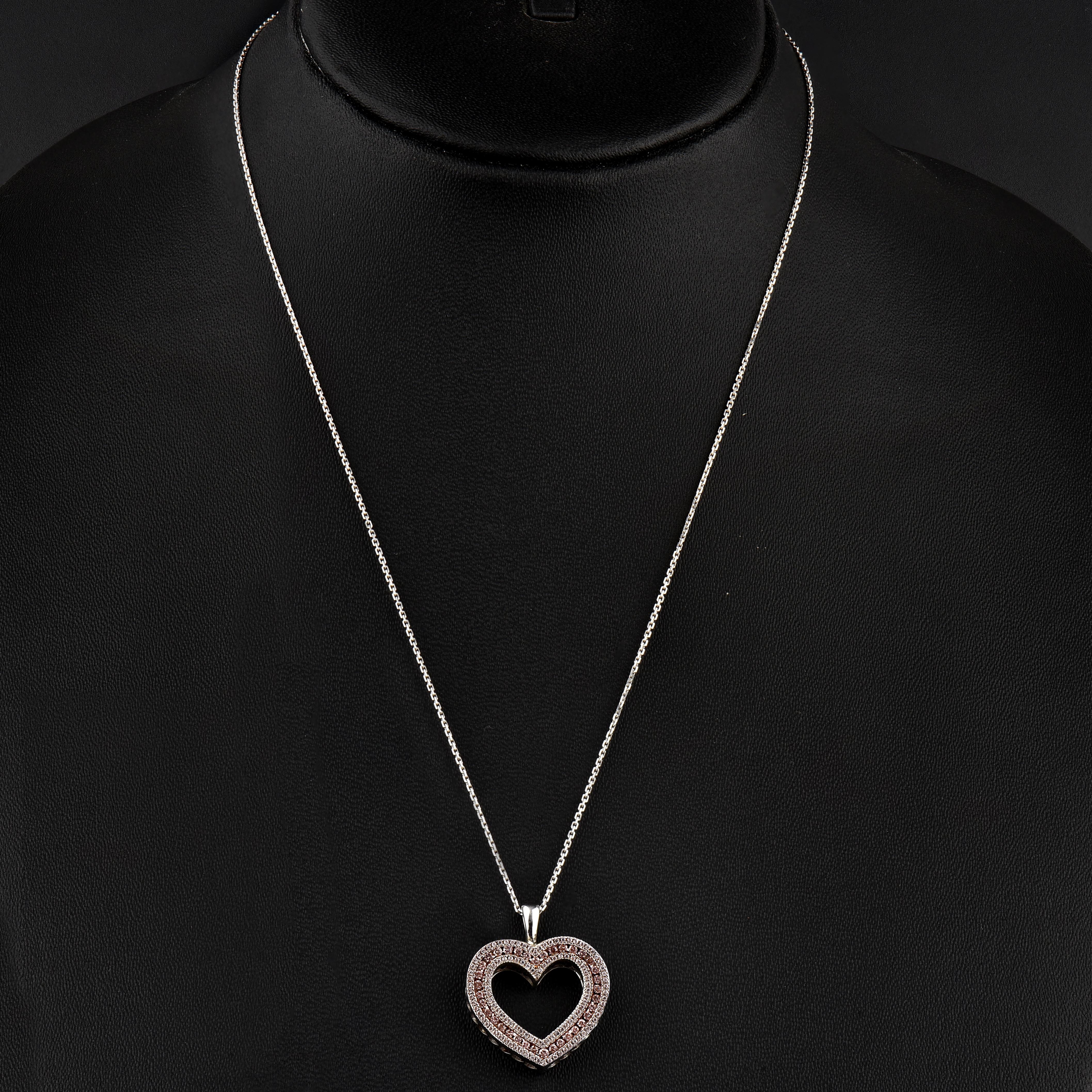 Round Cut TJD 1/2 Carat Nat. Pink Rosé & White Diamond 18K White Gold Double Heart Pendant For Sale