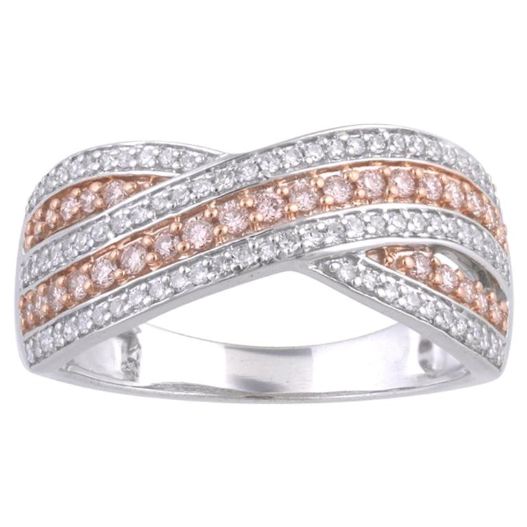 TJD 1/2 Ct Nat. Pink Rosé & White Diamond 18K White Gold Crisscross Wedding Ring For Sale