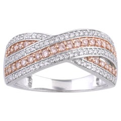 TJD 1/2 Ct Nat. Bague de mariage croisée en or blanc 18 carats avec diamants roses rosés et blancs