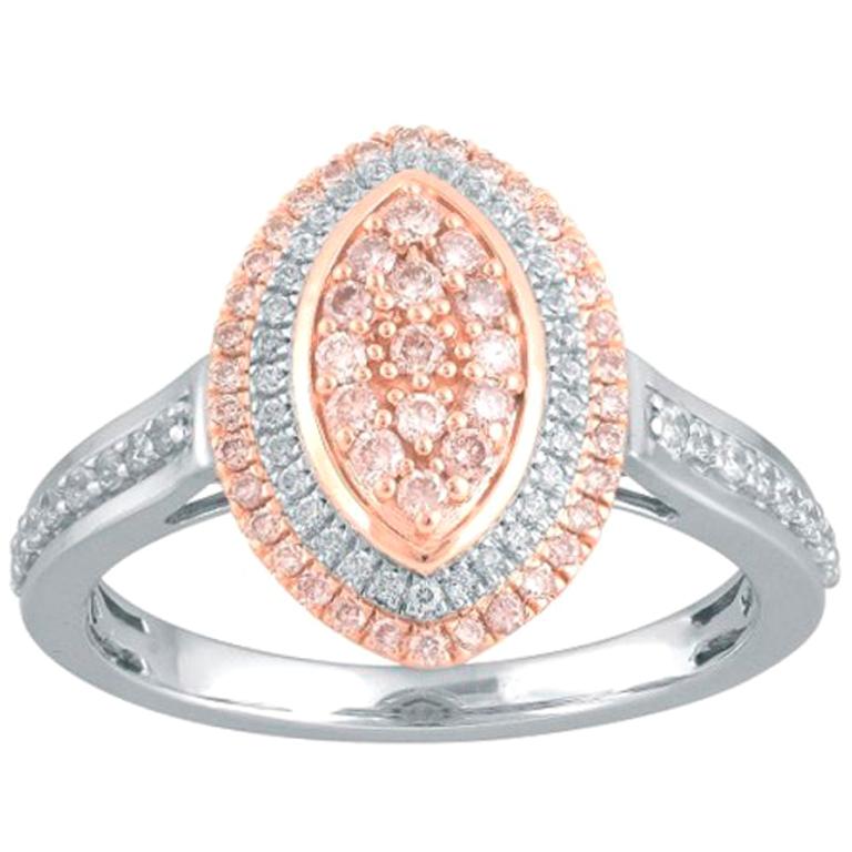TJD 1/2 Carat Nat. Pink Rosé & White Diamond 18 Karat Two tone Gold Cluster Ring For Sale