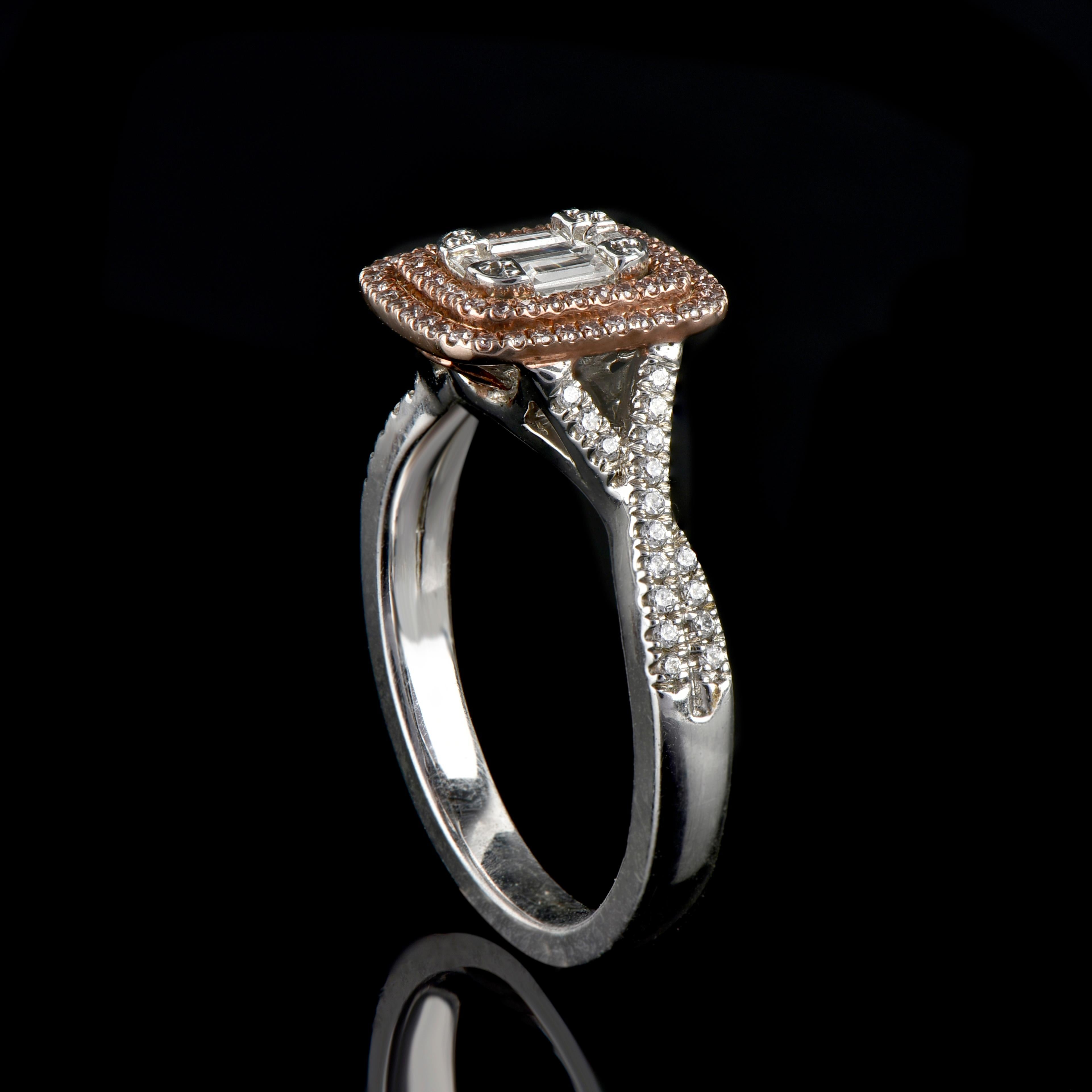 Exquisite design simmers with 38 round brilliant, 5 baguette and 64 pink natural diamond set beautifully in prong setting and H-I color I2 Clarity. Fashioned in 14 kt white gold
