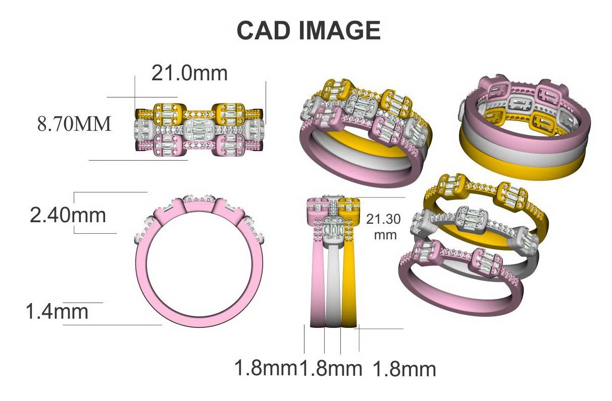 Bring charm to your look with this diamond ring. The ring is crafted from 14-karat gold in your choice of white, rose, or yellow, and features Round Brilliant 64 and Baguette - 35 white diamonds, Prong, Pave & Channel set, H-I color I2 clarity and a