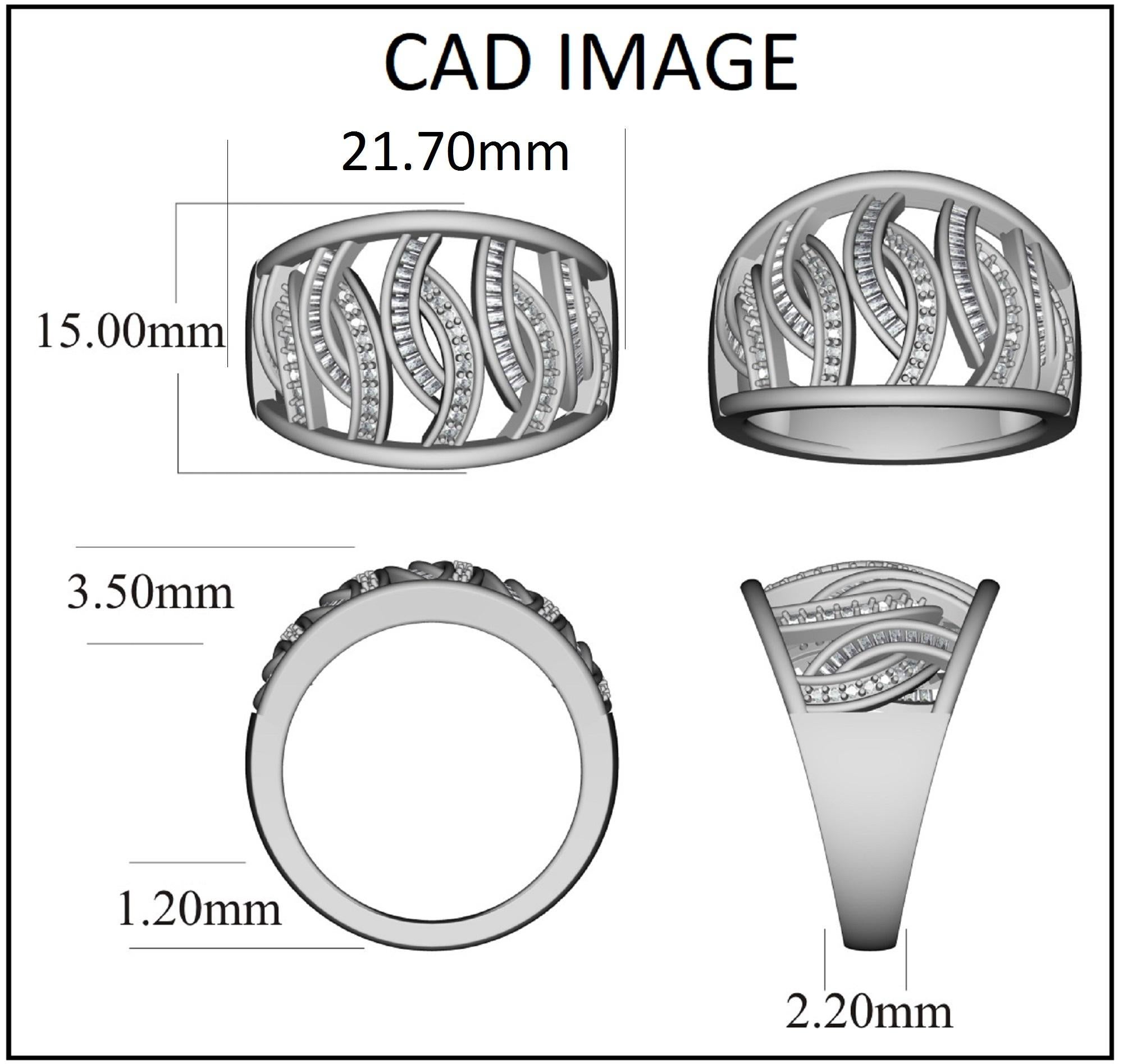 Questa fede con diamante ritorto è impreziosita da 42 diamanti rotondi e 49 diamanti baguette splendidamente incastonati in pave e canali. Il peso totale del diamante è di 0,50 carati e il colore H. H. I2 Clarity.