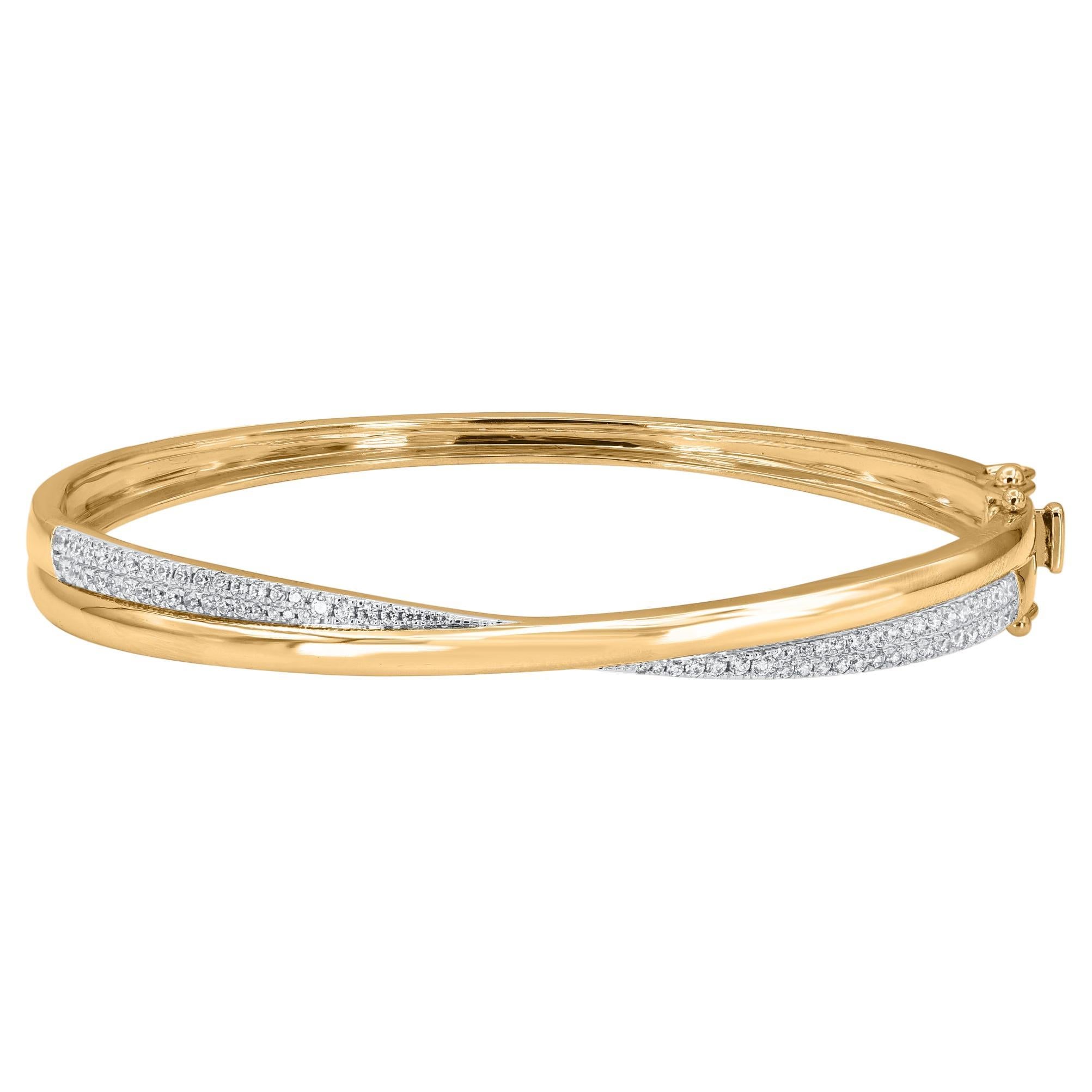 TJD 1/2 Carat Round Cut Diamond Criss Cross Bangle Bracelet in 14KT Yellow Gold For Sale