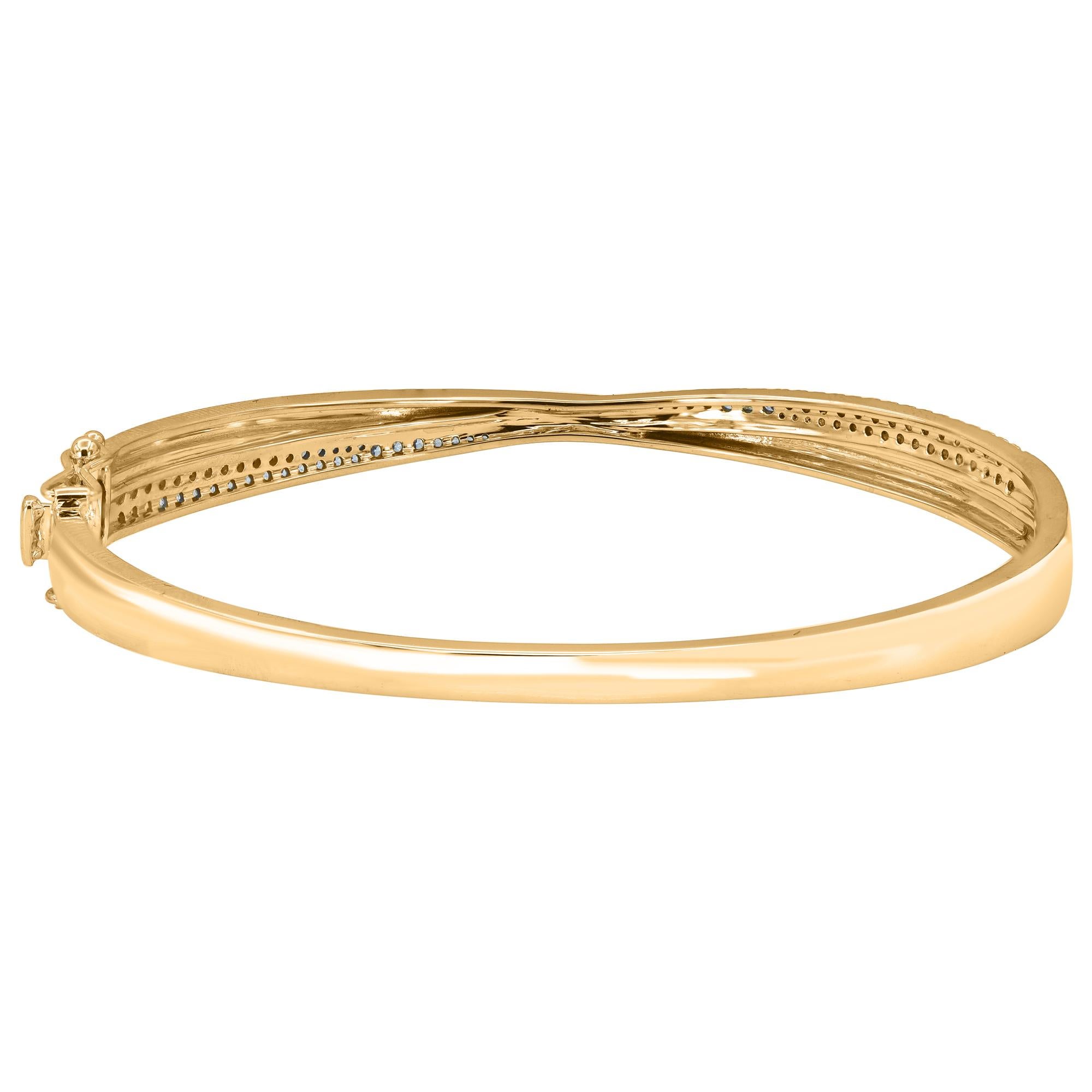 Modern TJD 1/2 Carat Round Cut Diamond Criss Cross Bangle Bracelet in 18KT Yellow Gold For Sale