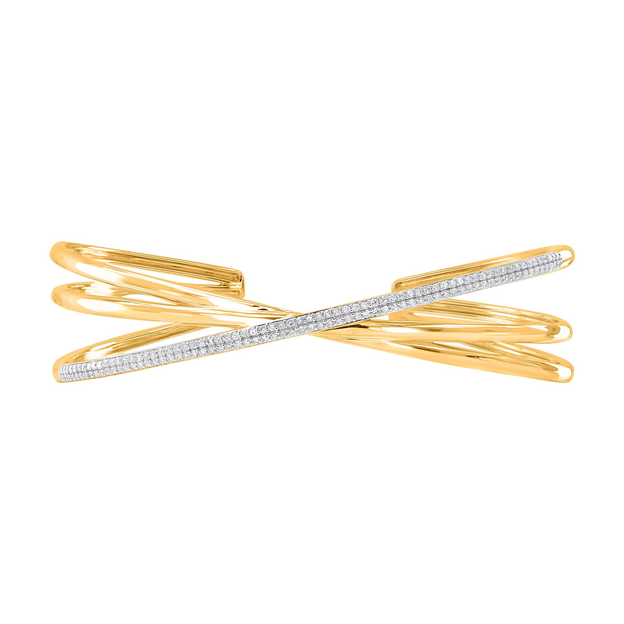 A modern take on a classic look, this diamond criss-cross bangle is just your look. This shimmering bangle features 138 natural single cut diamonds in pave setting and crafted in 14 kt yellow gold. Total diamond weight is 0.50 carat. Diamonds are
