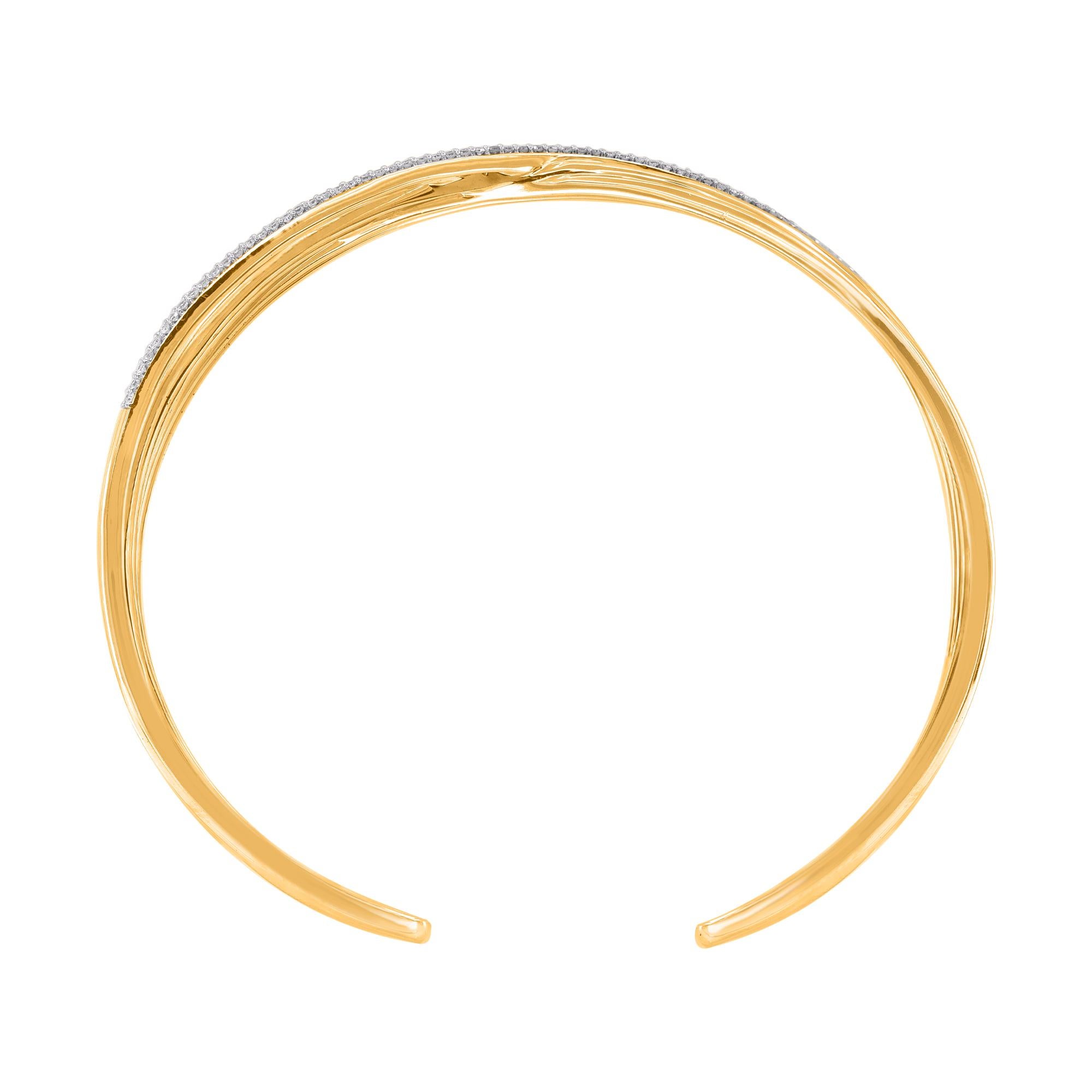 Modern TJD 1/2 Carat Round Cut Diamond Criss-Cross Bangle in 14 Karat Yellow Gold For Sale