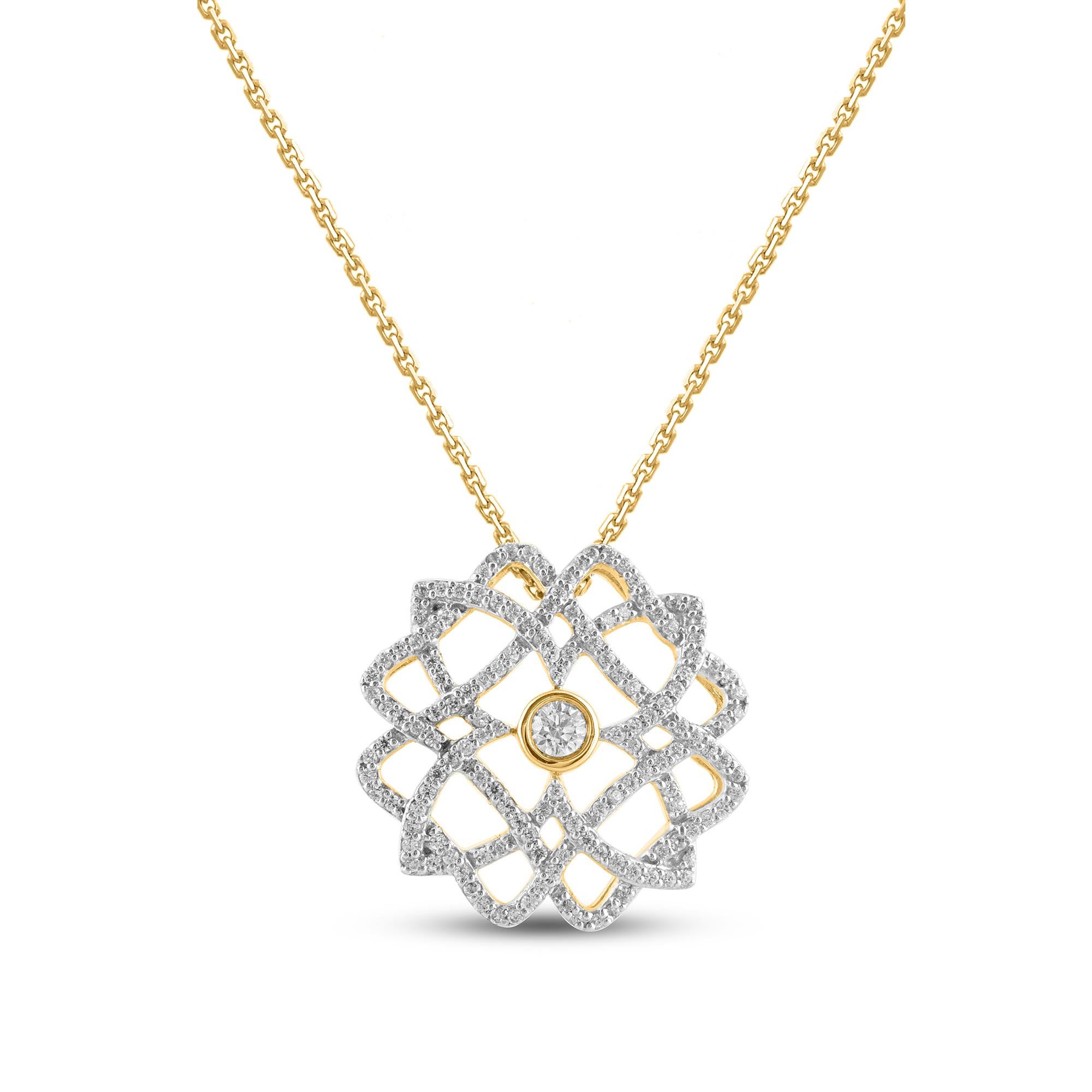Art Deco TJD 1/2 Carat Round Diamond 14 Karat Yellow Gold Floral Design Fashion Pendant For Sale