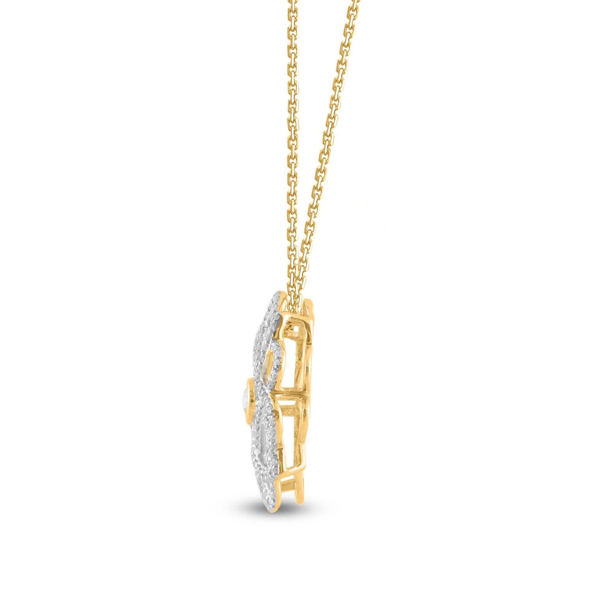 Round Cut TJD 1/2 Carat Round Diamond 14 Karat Yellow Gold Floral Design Fashion Pendant For Sale