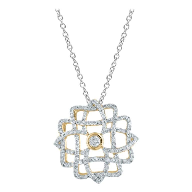 TJD 1/2 Carat Round Diamond 14 Karat Yellow Gold Floral Design Fashion Pendant