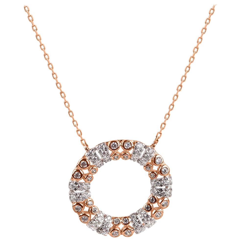 TJD 1/2 Carat Round Diamond 14K Rose Gold Bezel Set Open Circle Designer Pendant For Sale