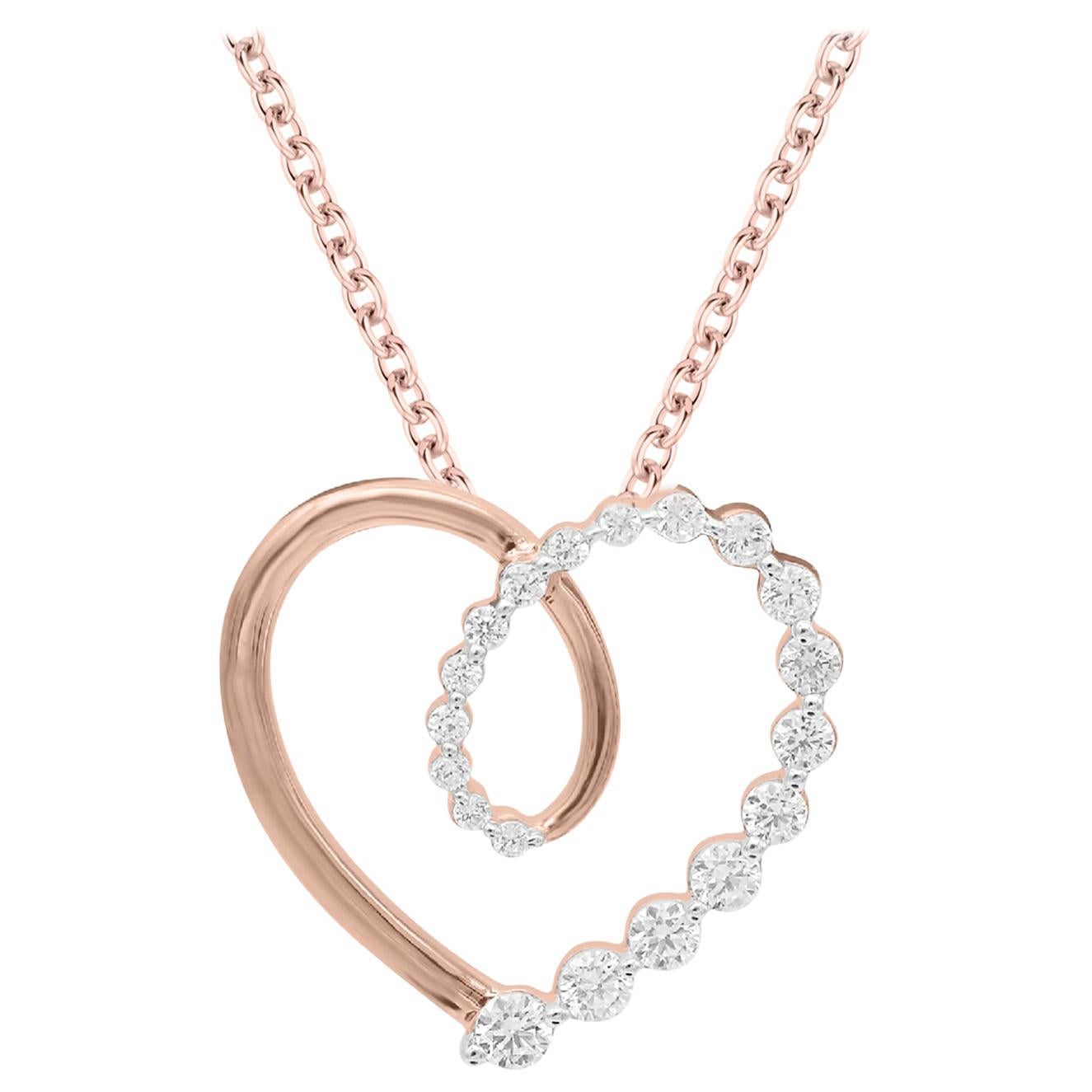 TJD 1/2 Carat Round Diamond 14K Rose Gold Heart Shape Diamond Pendant with Chain For Sale